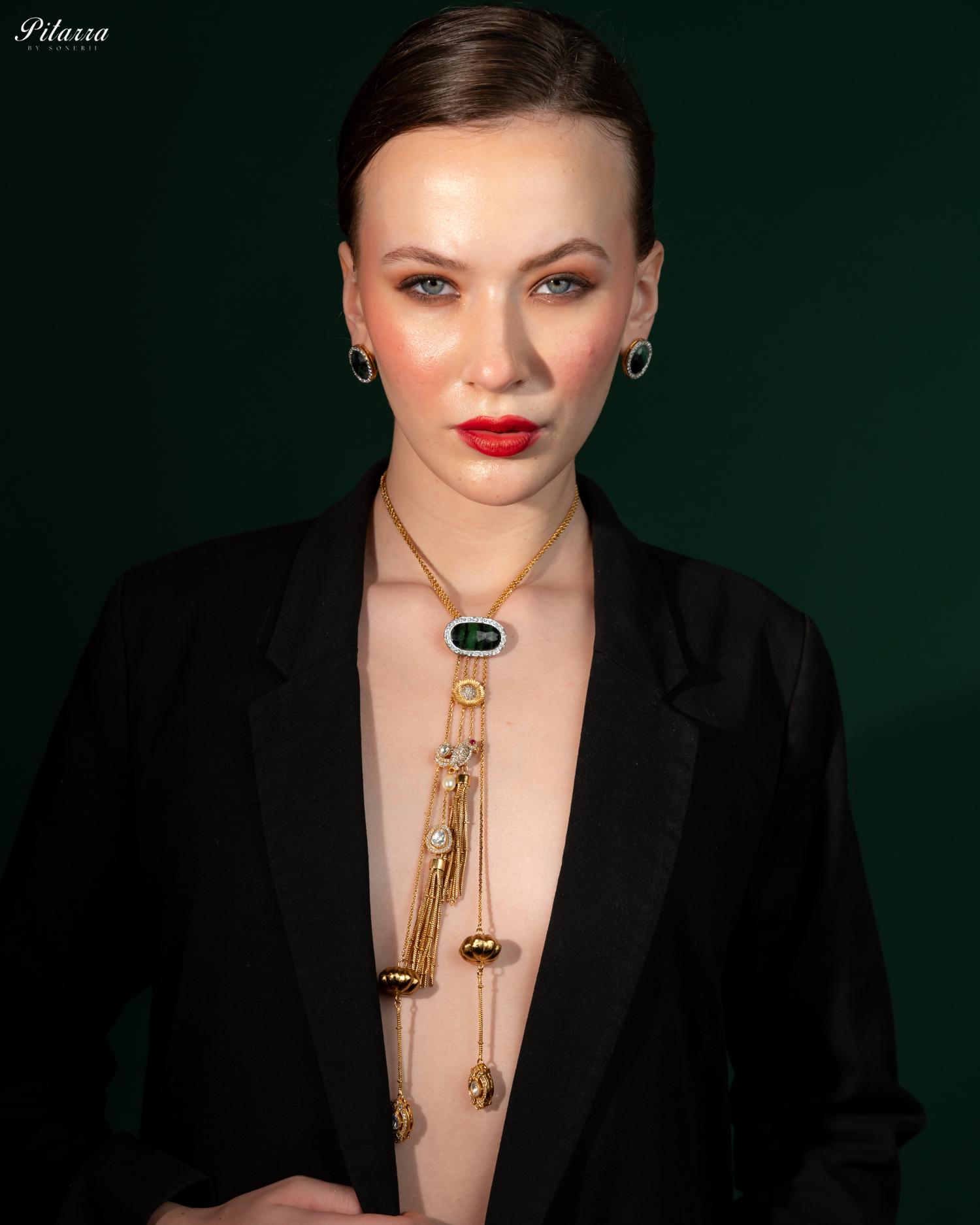 Gold Tone Chain Green Stone Necklace Set