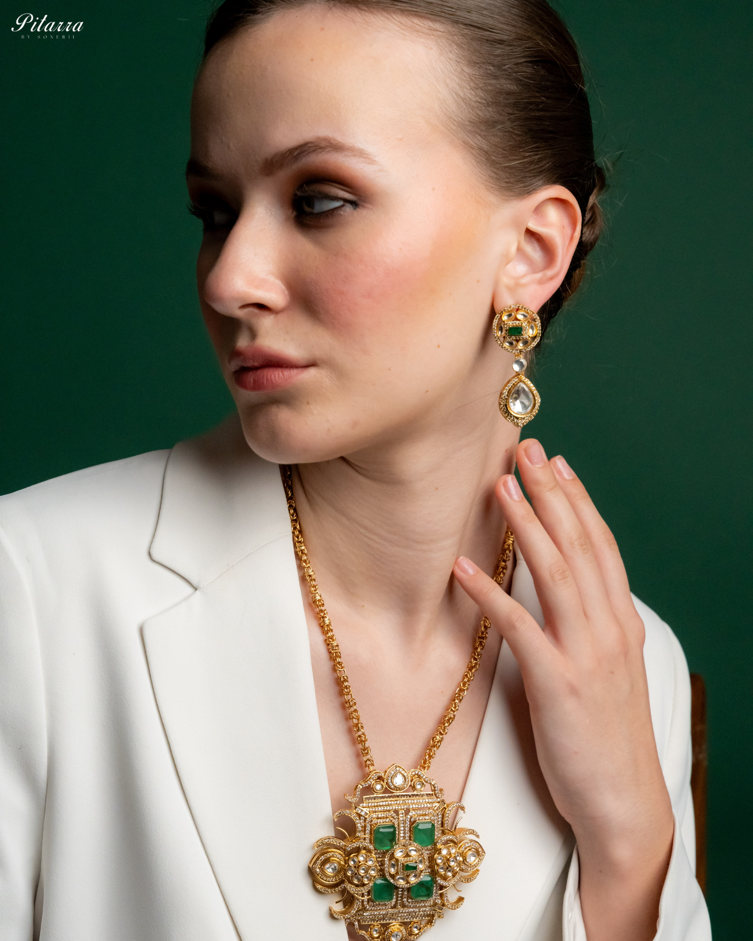 Green Moissanite Stone Long Necklace Set