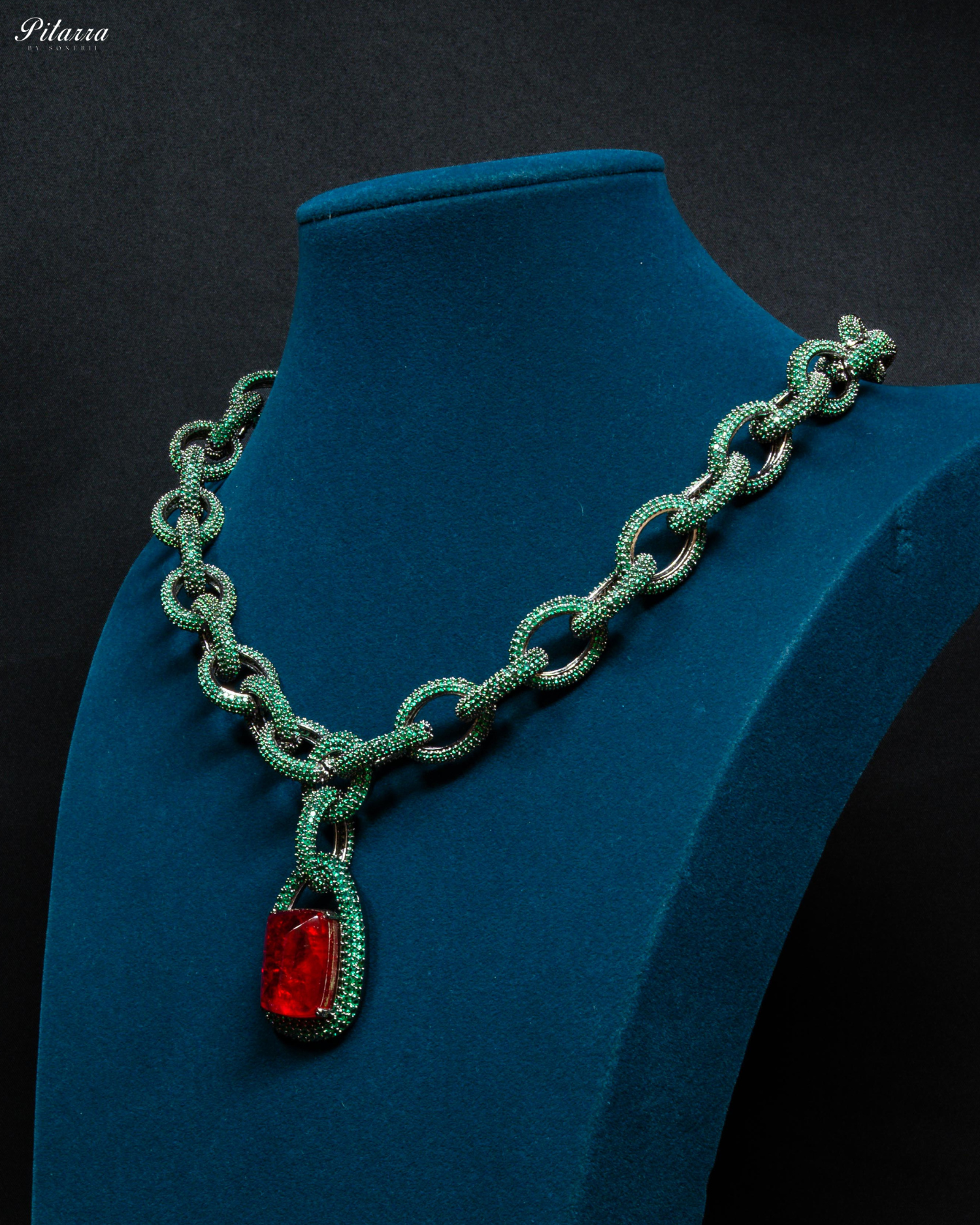 Red Stone Green Chain CZ Necklace Set