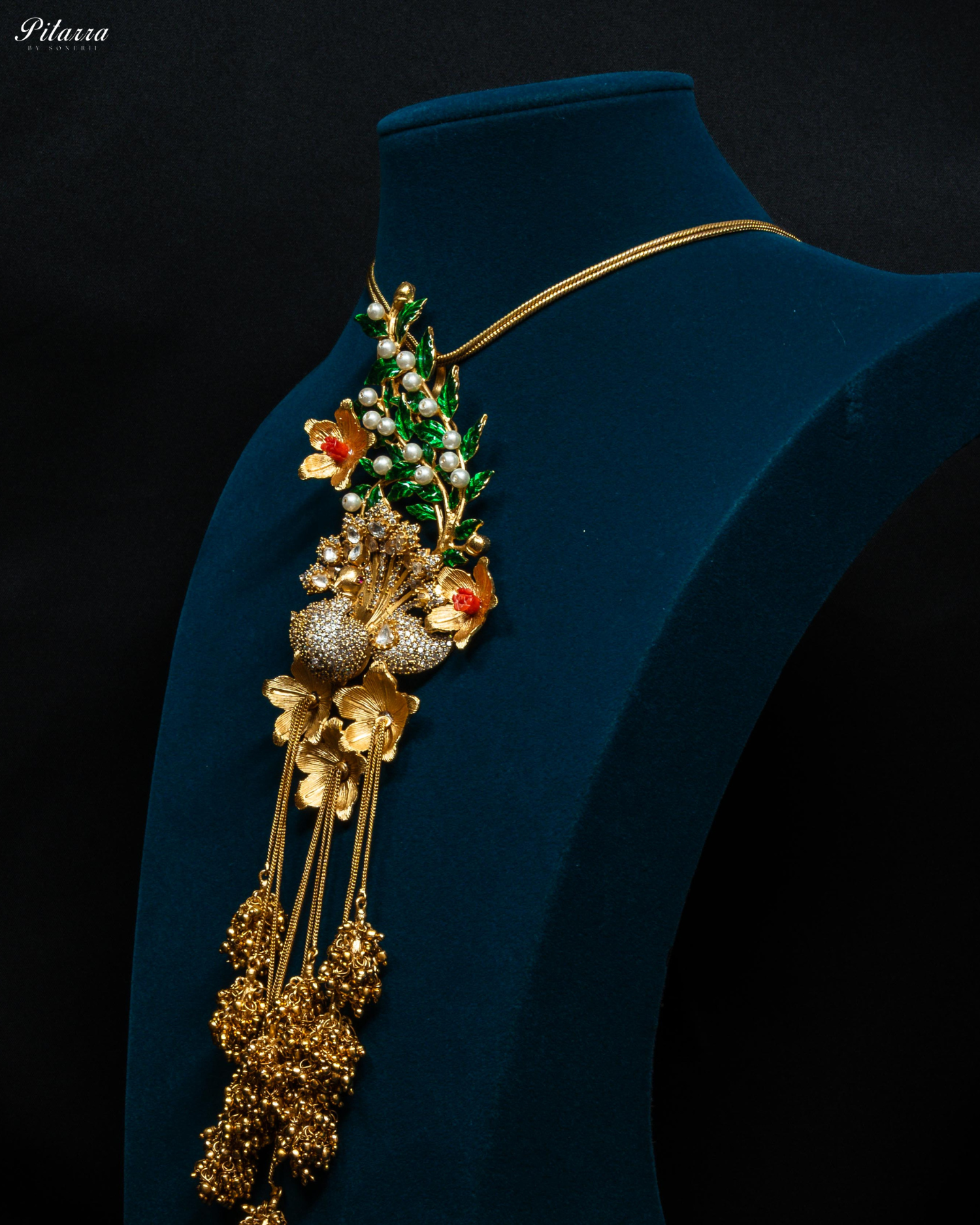 Emerald Leaf White Crystal Peacock Design Meenakari Necklace Set