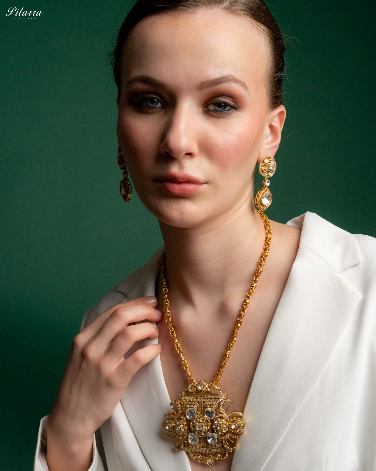 White Moissanite Stone Long Necklace Set