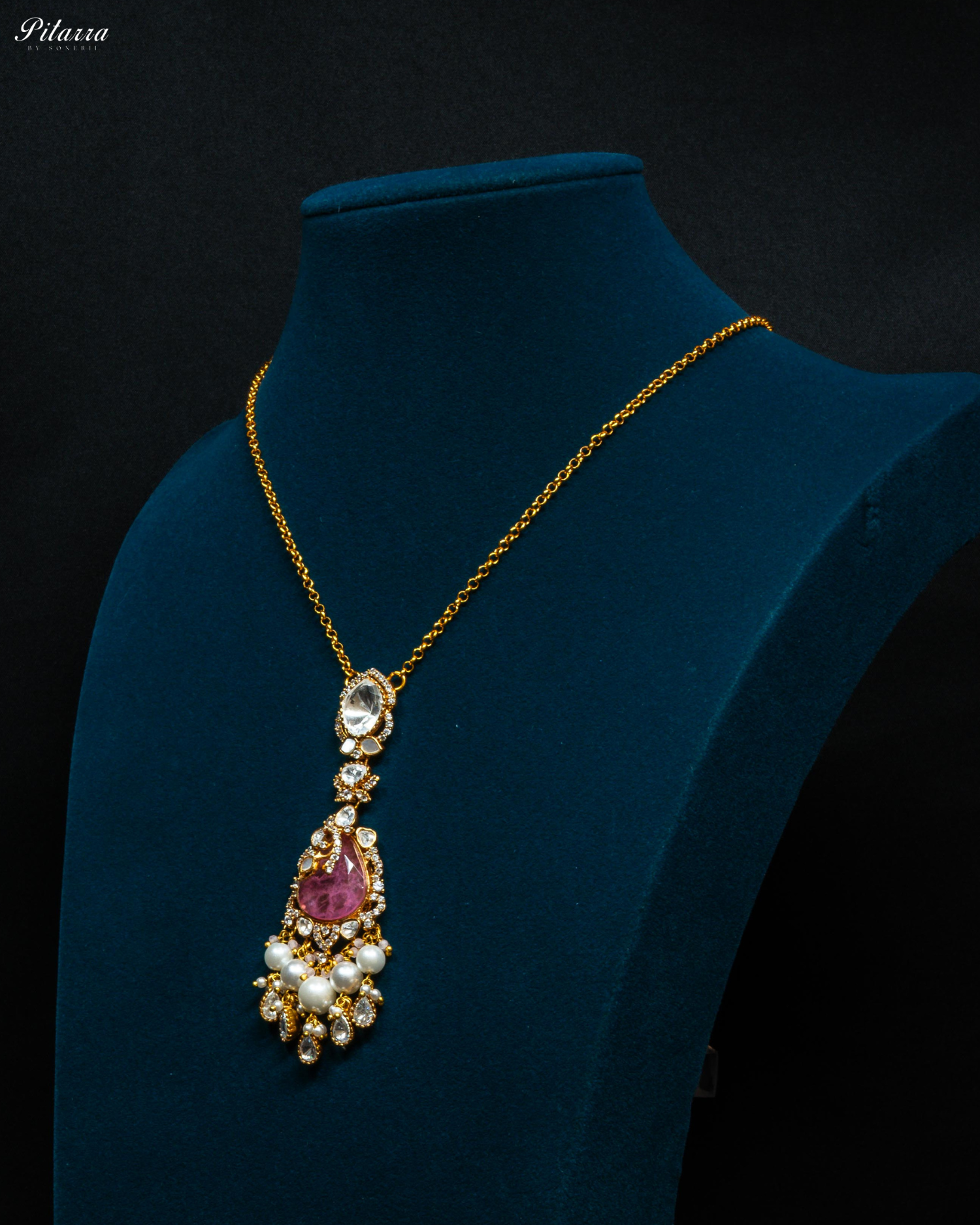 Pink Stone Gold Plated Beaded Traditional Necklace Set