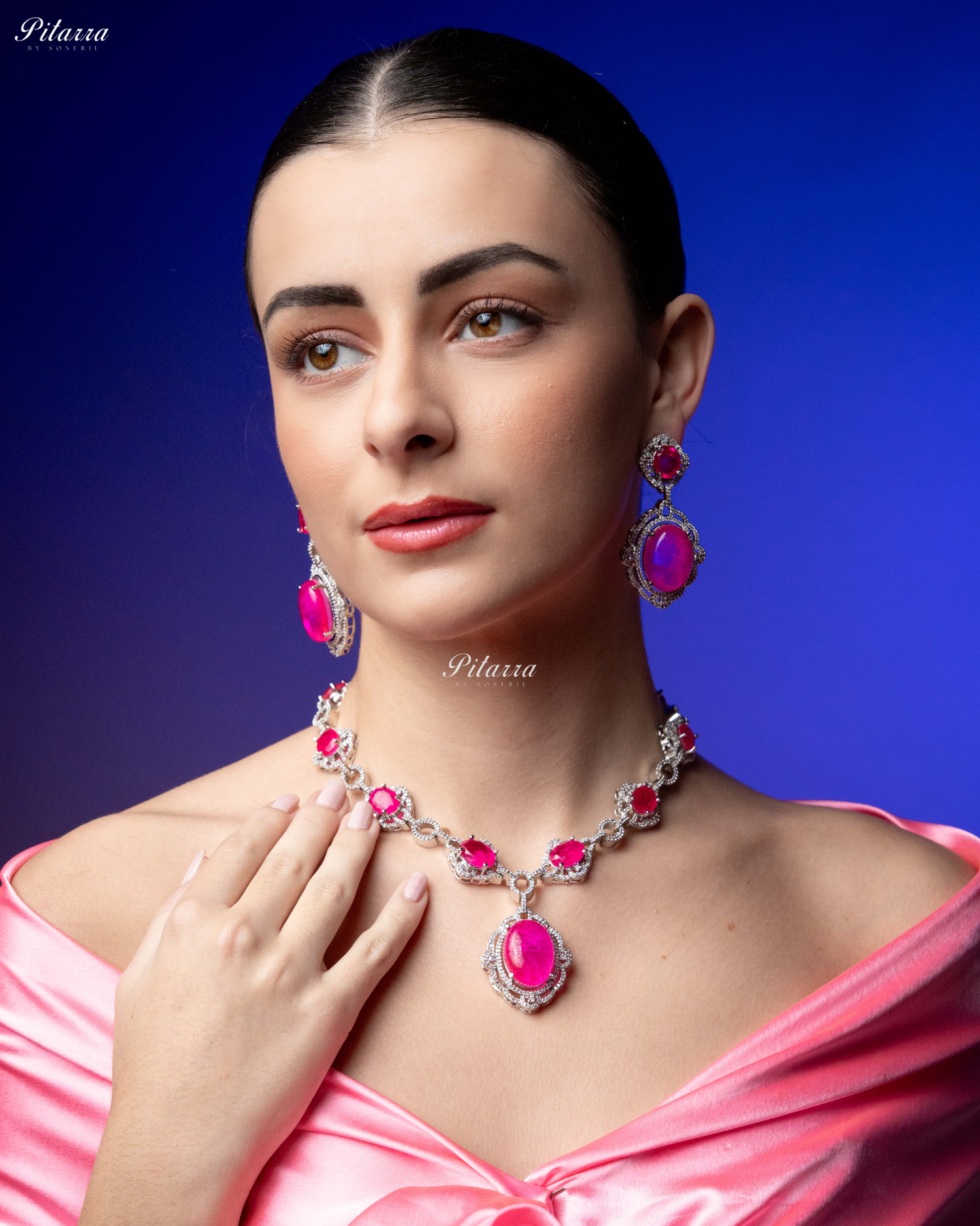 Pink Stone Silver Finish Tone Crystal Necklace Set