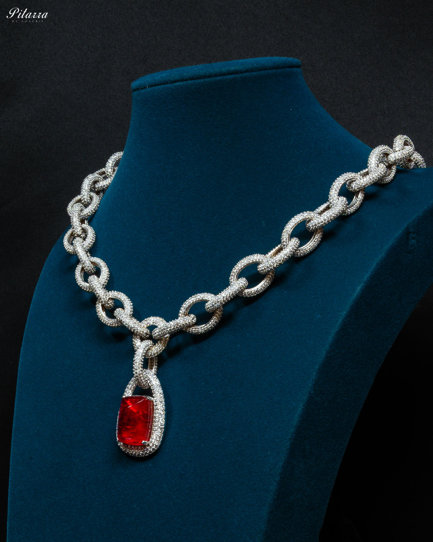 Red Stone Silver Chain CZ Necklace Set