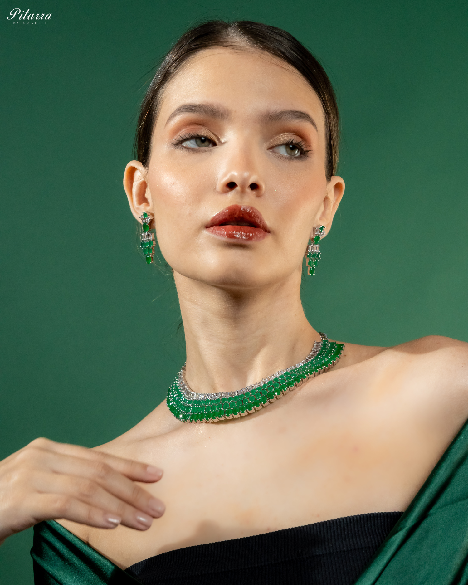 Emerald Green Silver CZ Necklace Set