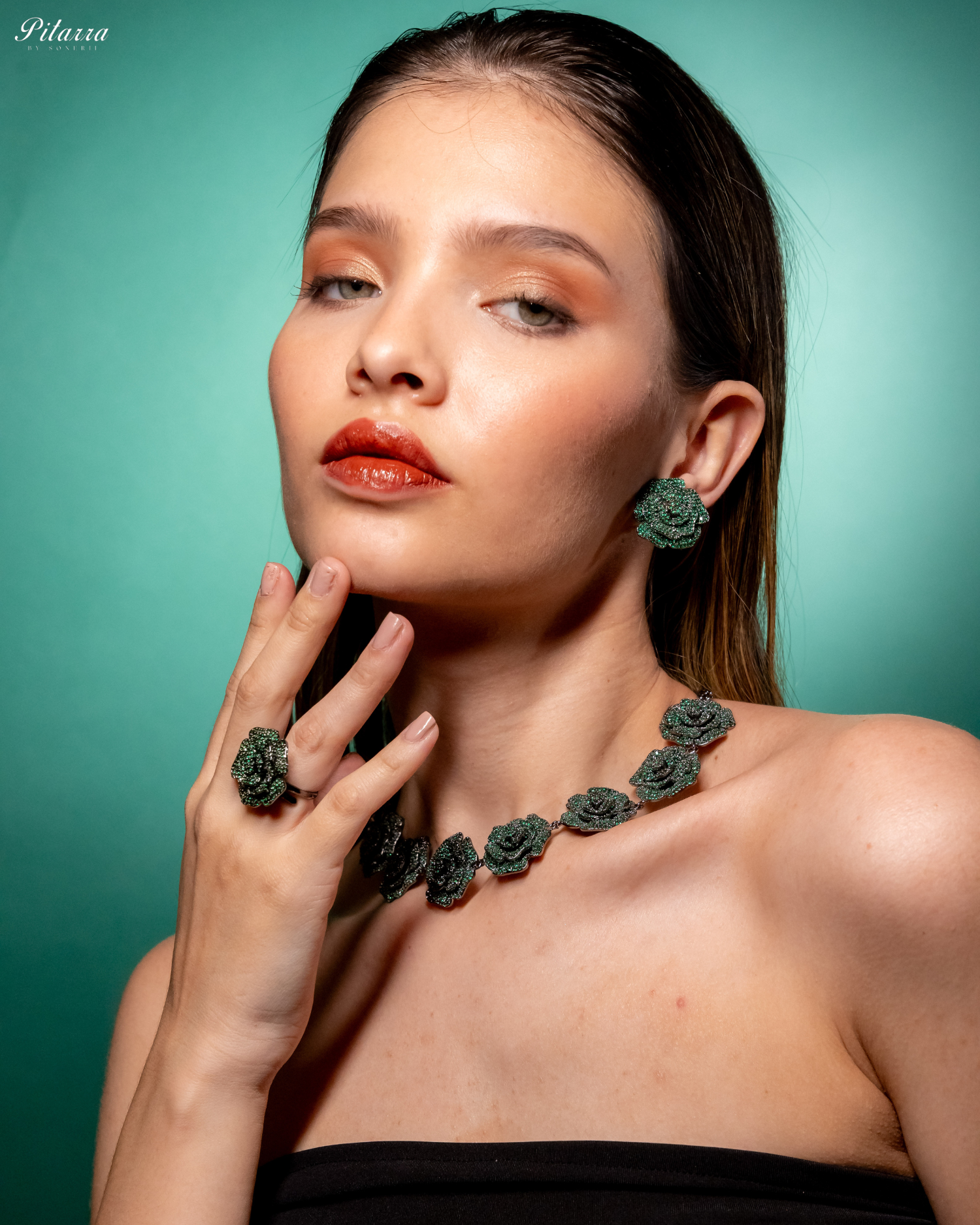 Green Tone Flower CZ Choker Set with Ring