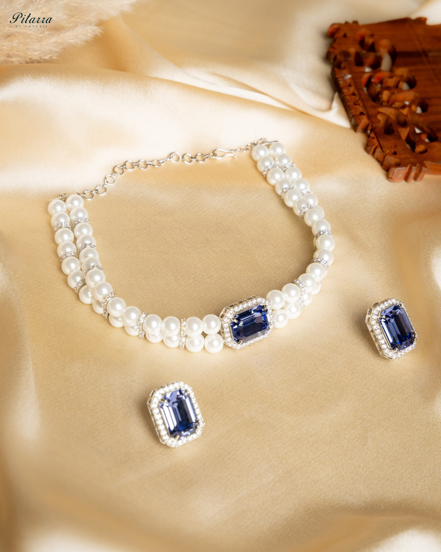 Blue Stone Two Layer Pearl Choker