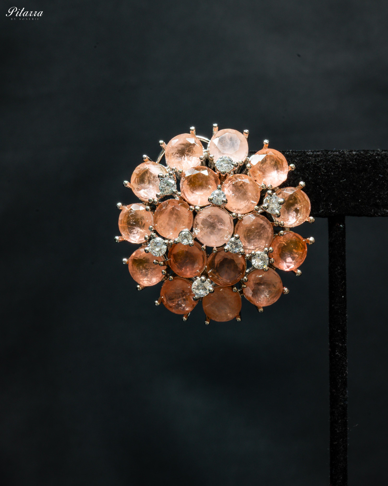 Peach Stone Silver Crystal Stud Earrings
