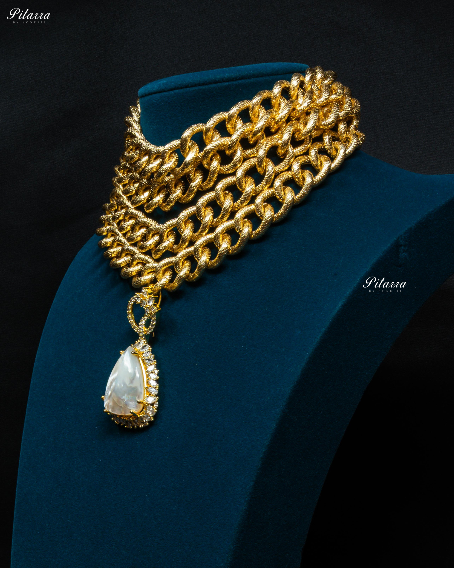 Golden Multilayered White Stone Statement Pendant Chain Choker