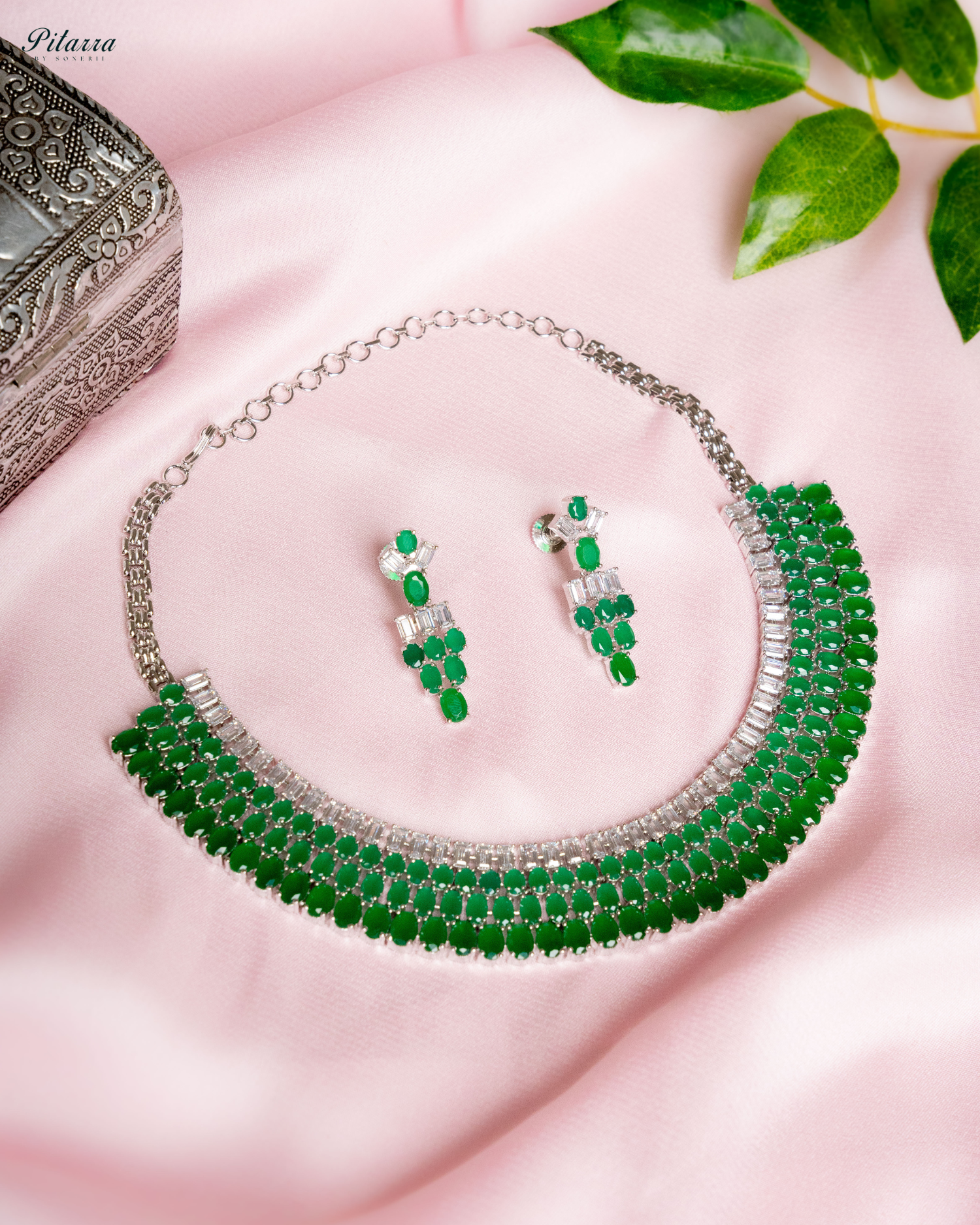 Emerald Green Silver CZ Necklace Set