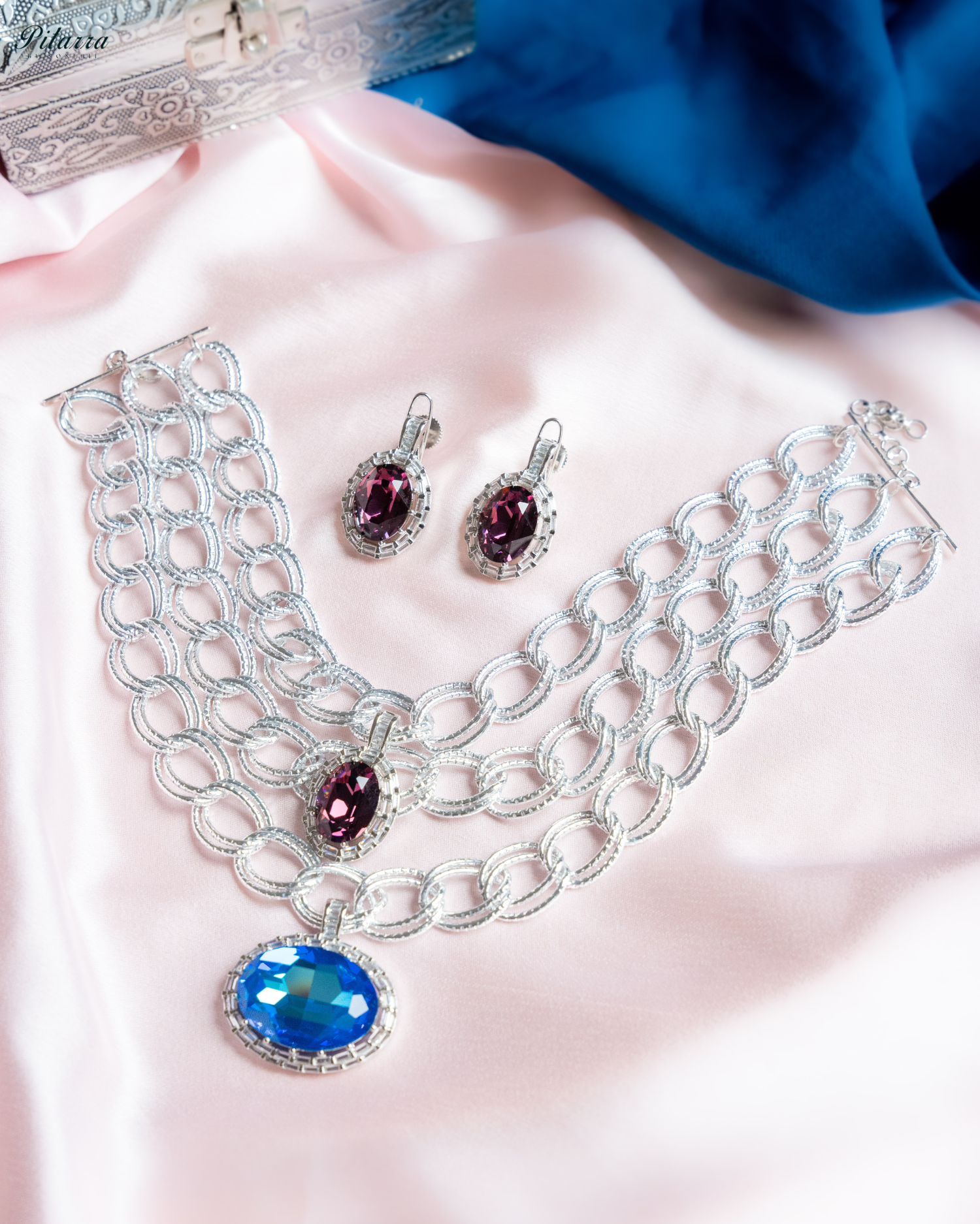 Blue Statement Pendant Silver Chain Choker