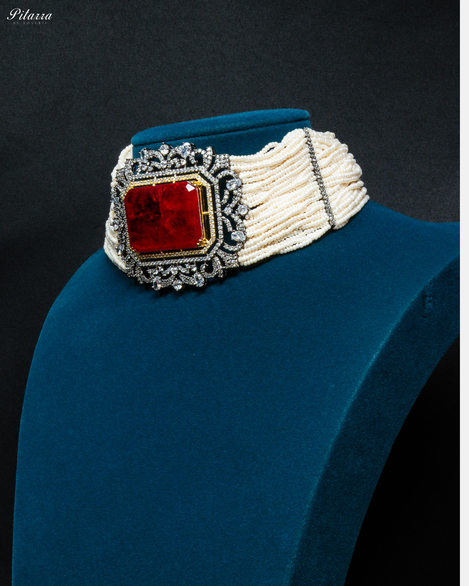 Red Stone Doublet Pearl Choker Set