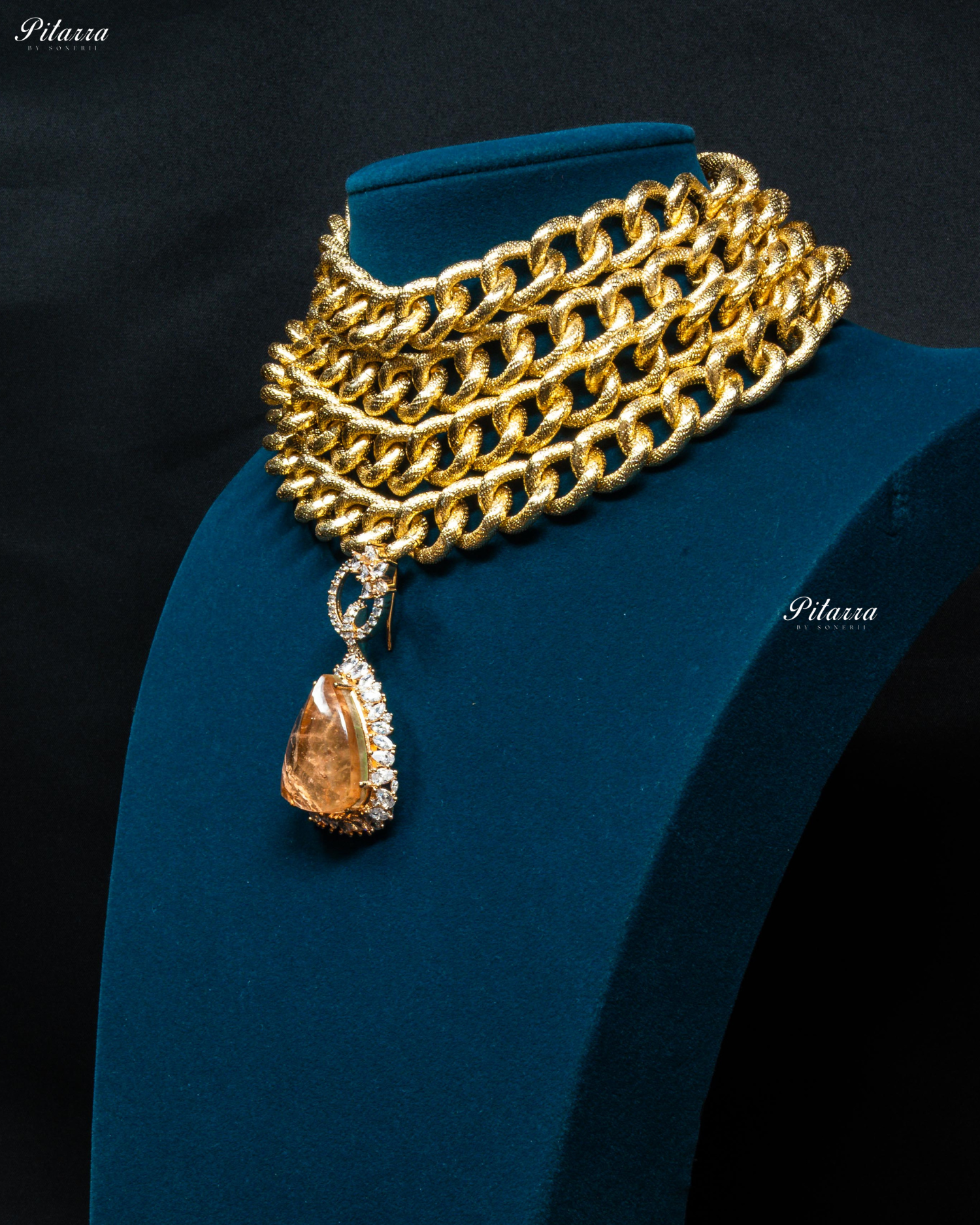 Golden Multilayered Peach Stone Statement Pendant Chain Choker