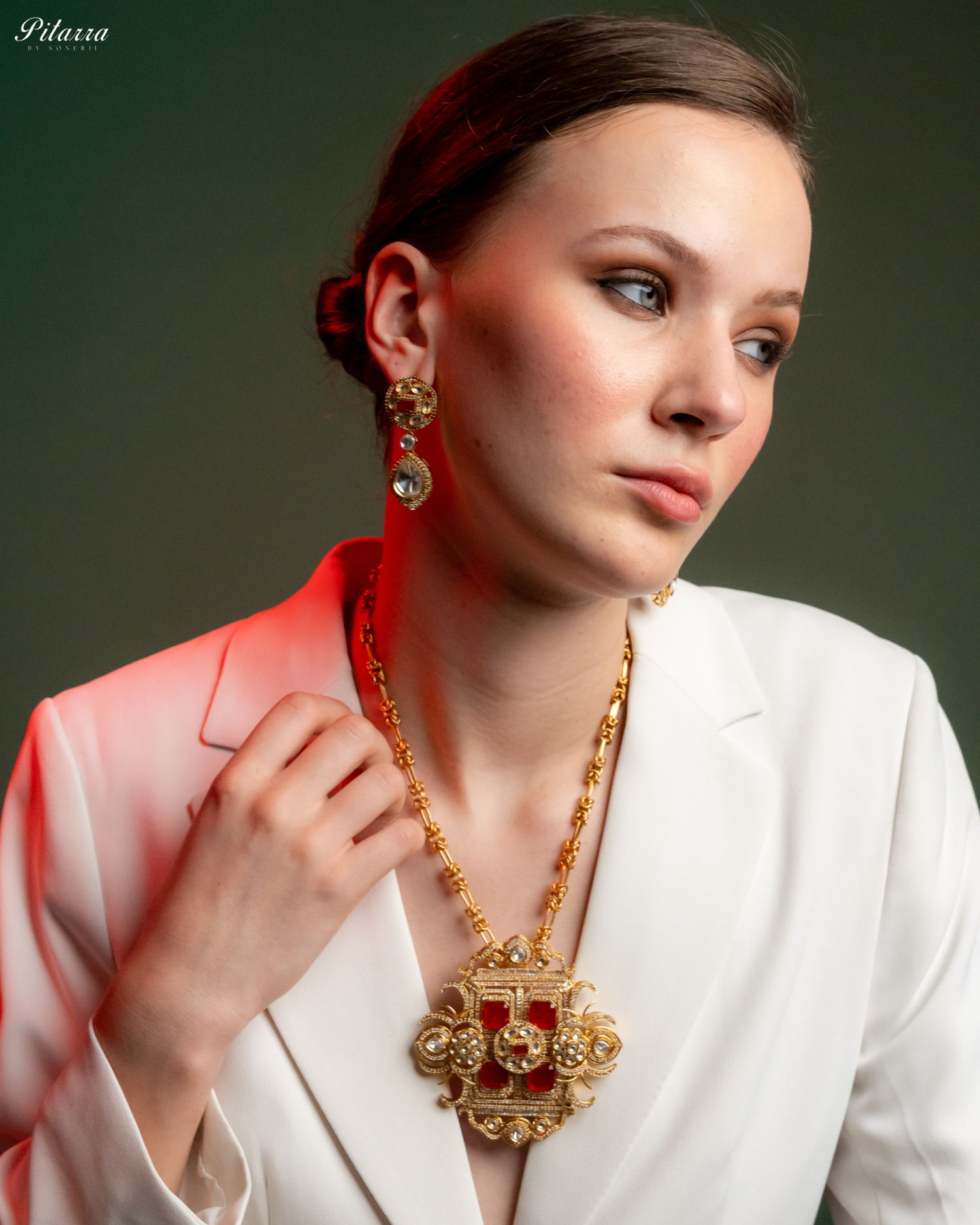 Red Moissanite Stone Long Necklace Set