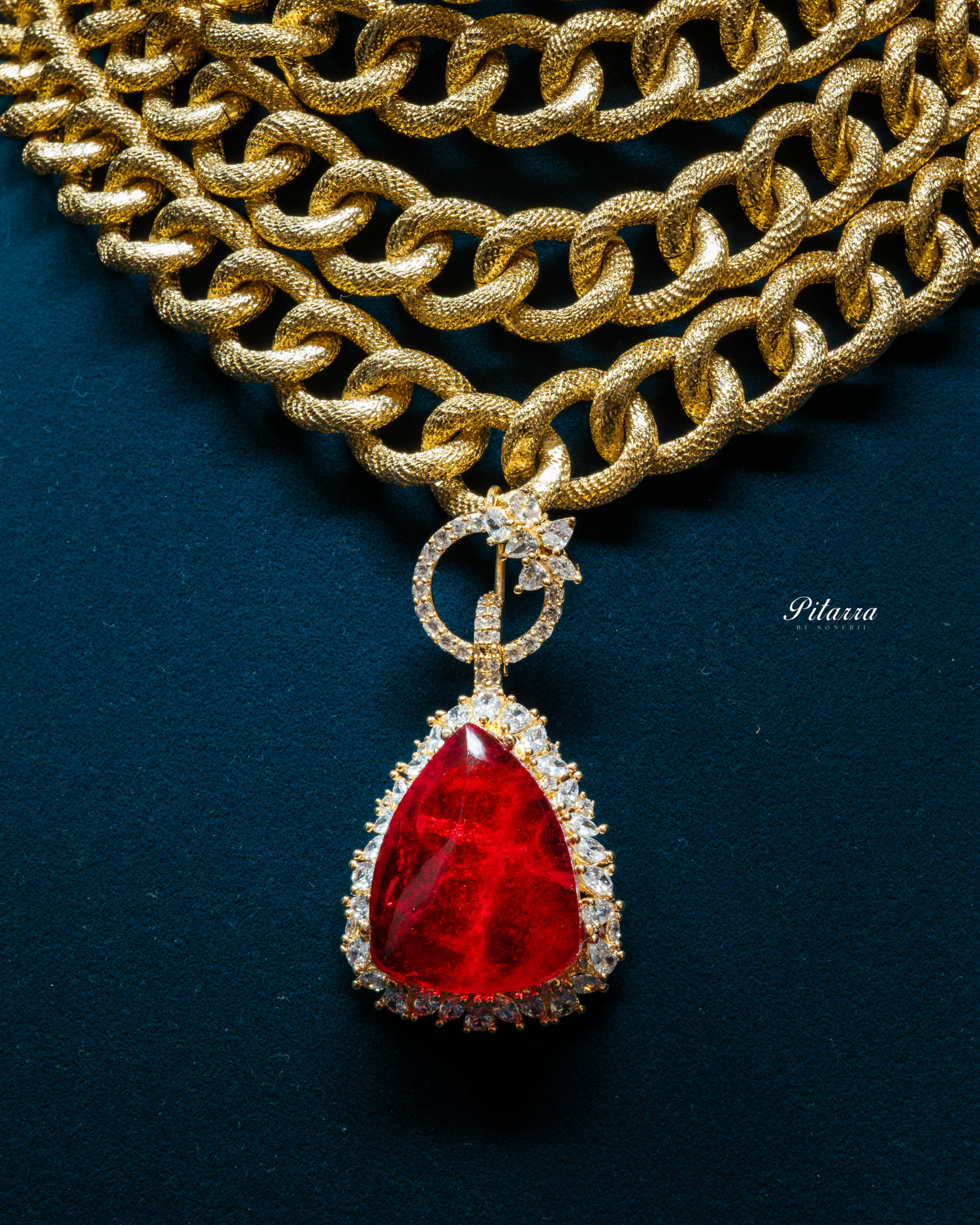 Golden Multilayered Red Stone Statement Pendant Chain Choker