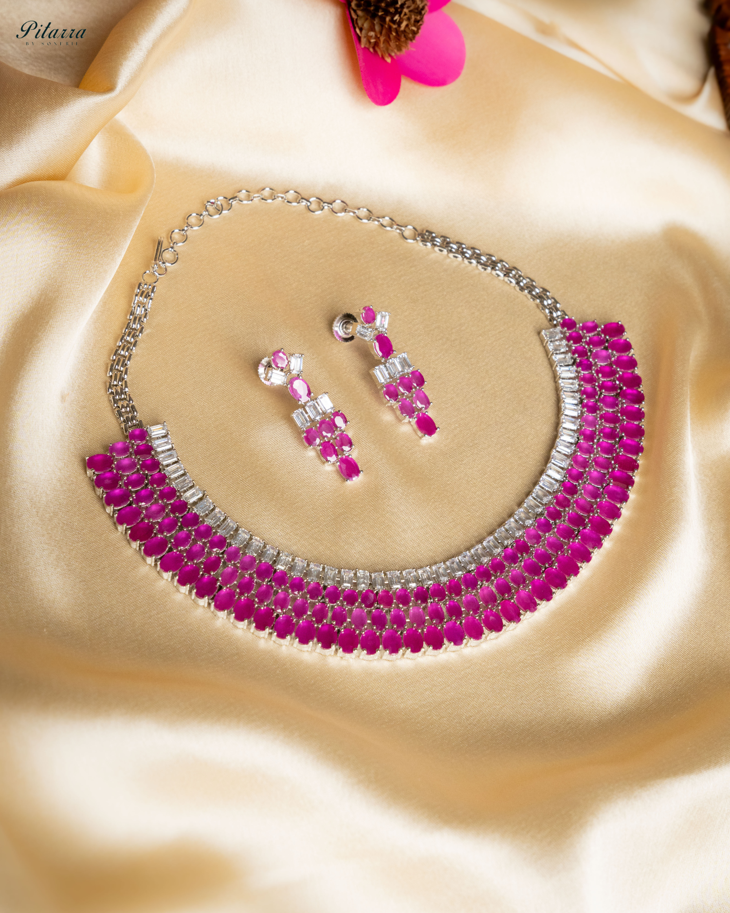 Pink Layer Silver CZ Necklace Set