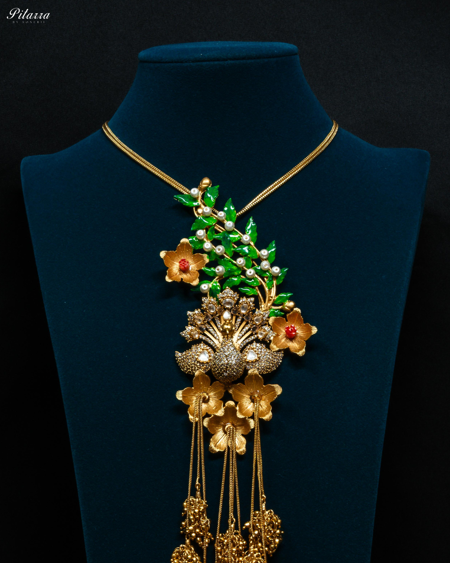 Green Leaf Peacock Design Meenakari Necklace Set