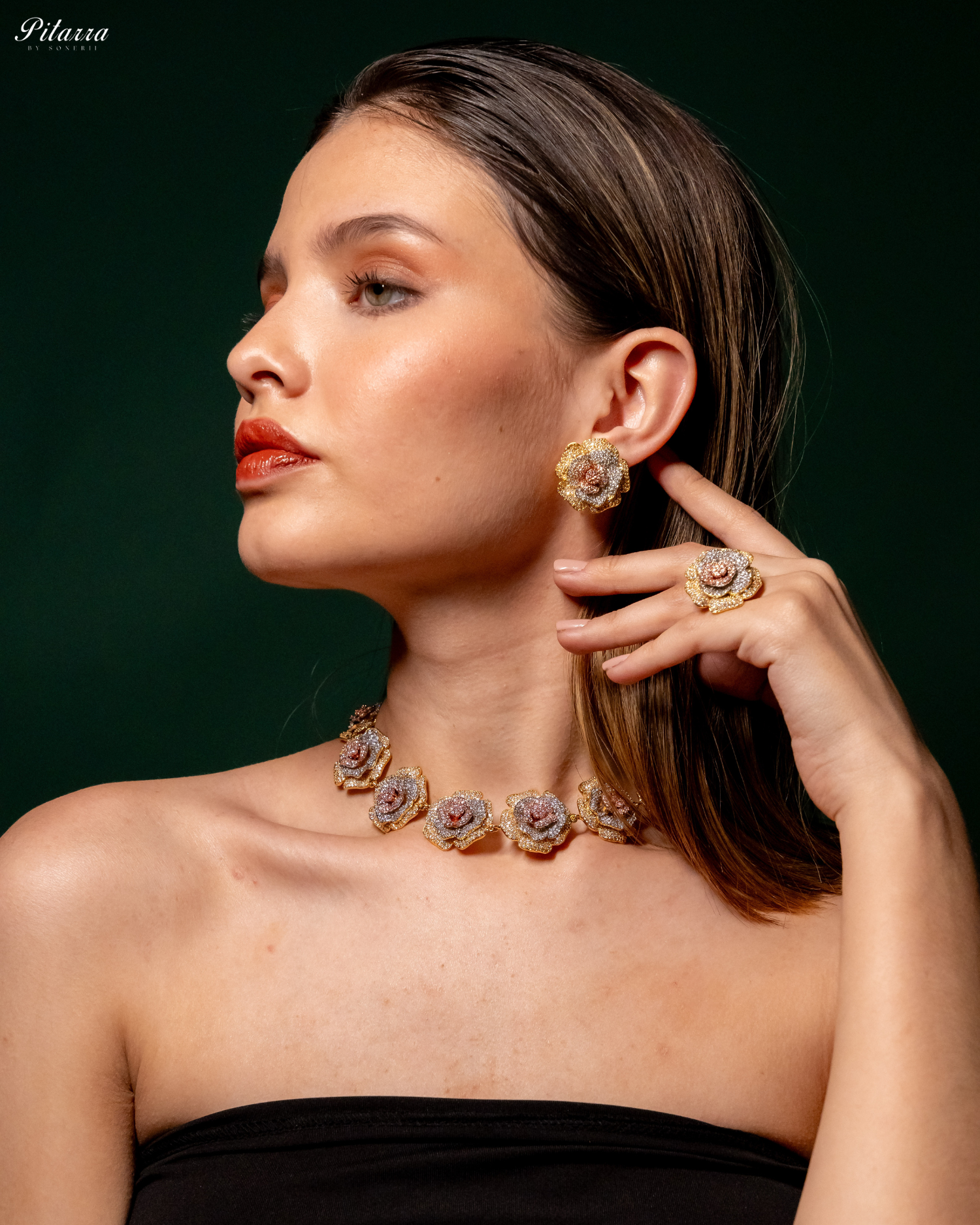 Three Tone Flower CZ Choker Set