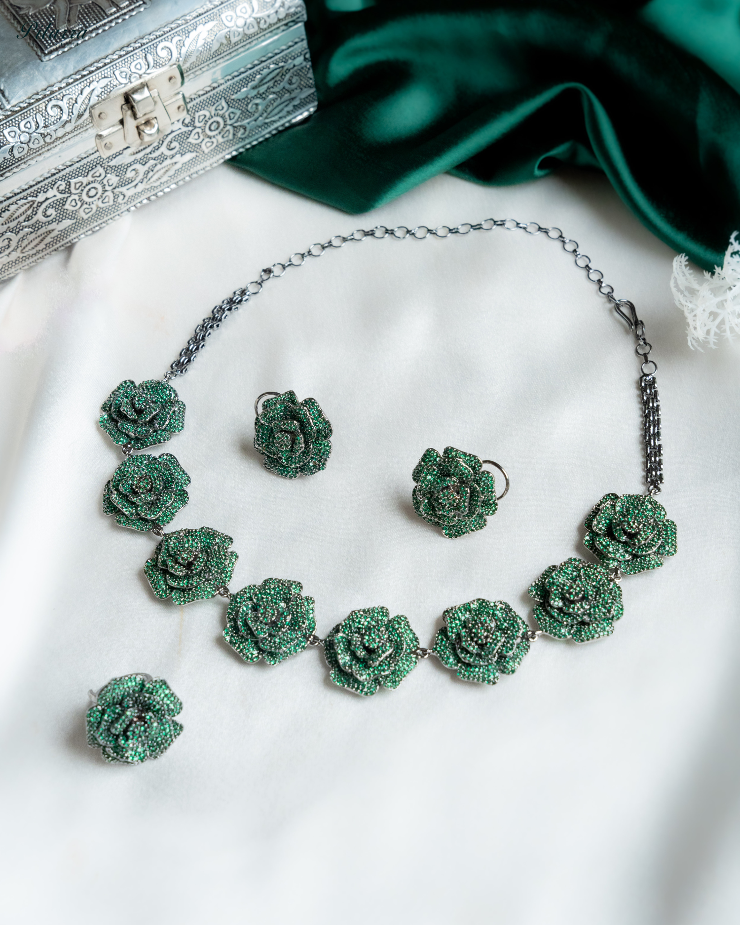 Green Tone Flower CZ Choker Set with Ring