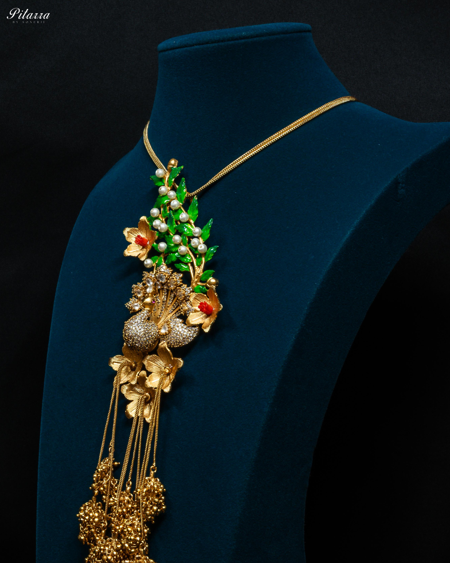 Green Leaf Peacock Design Meenakari Necklace Set