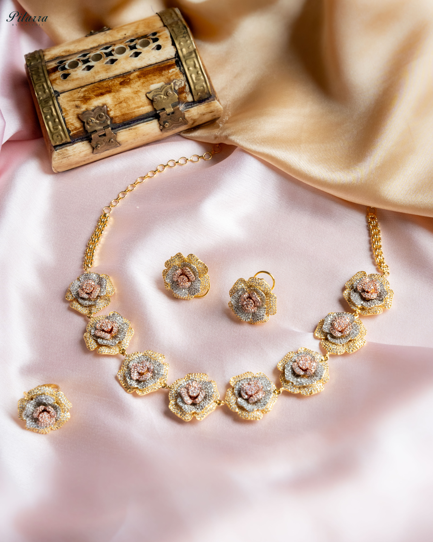 Three Tone Flower CZ Choker Set