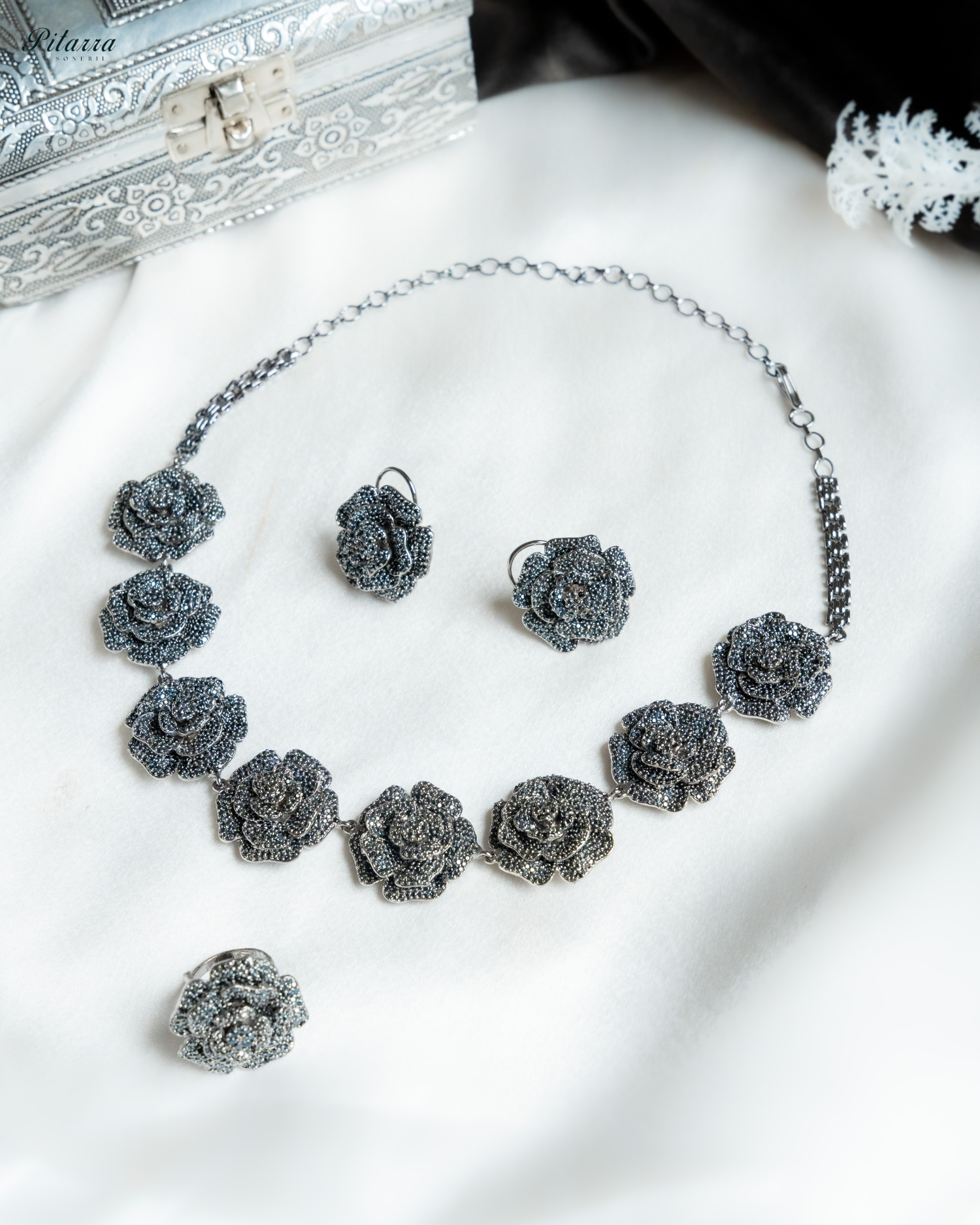 Black Tone Flower CZ Choker Set with Ring