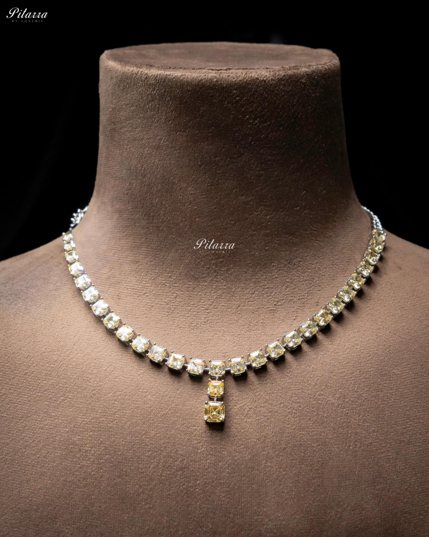 Yellow Tone One Layer Square Drop Statement Necklace Set