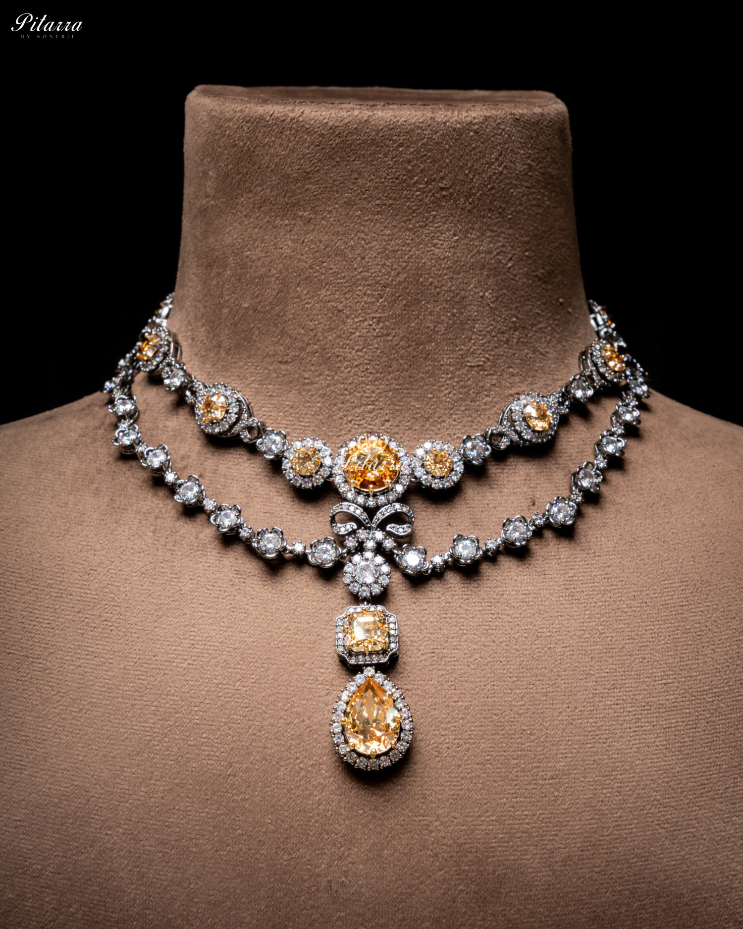 Yellow Two Layer Silver CZ Necklace Set