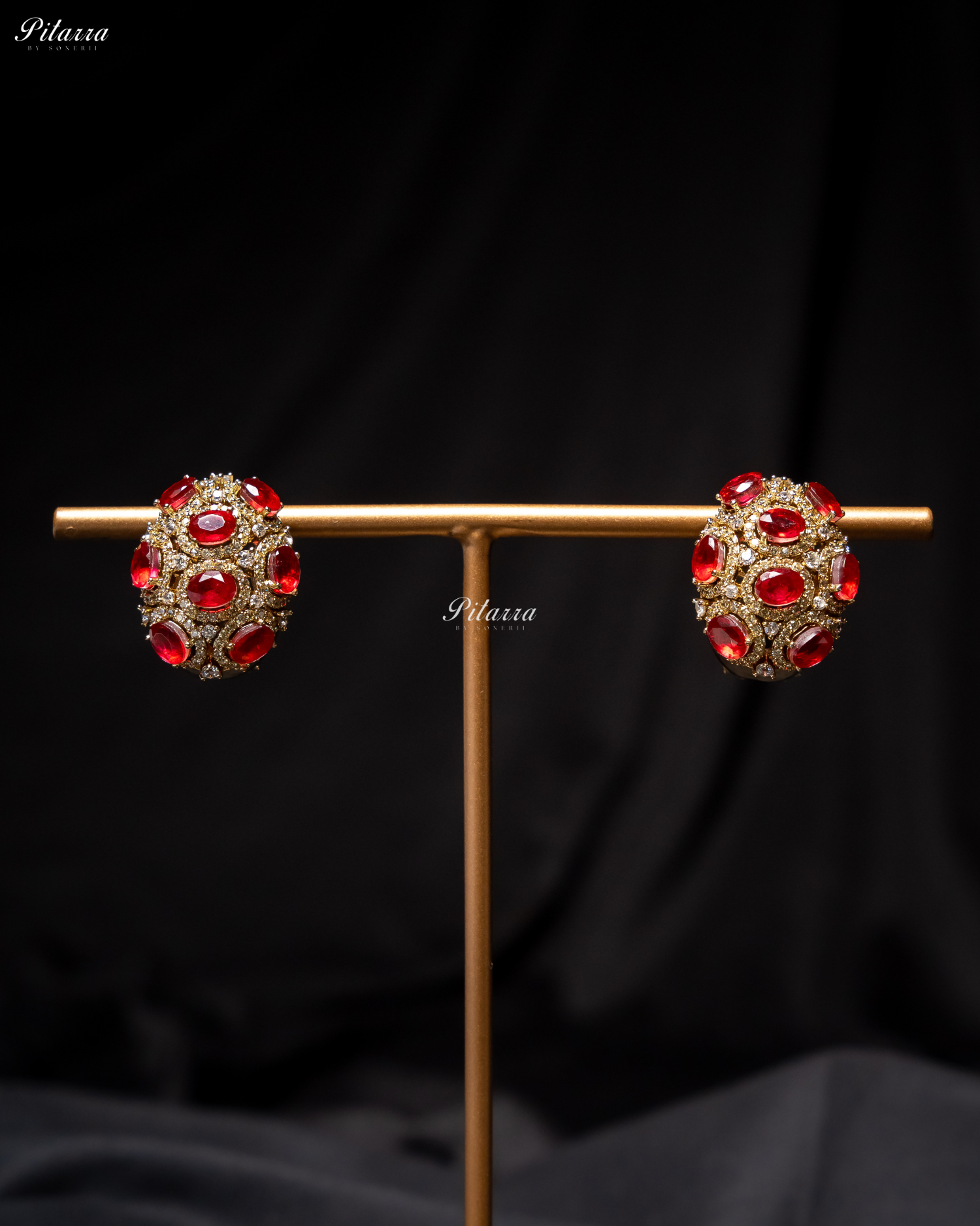 Red Stone Golden Crystal Stud Earrings