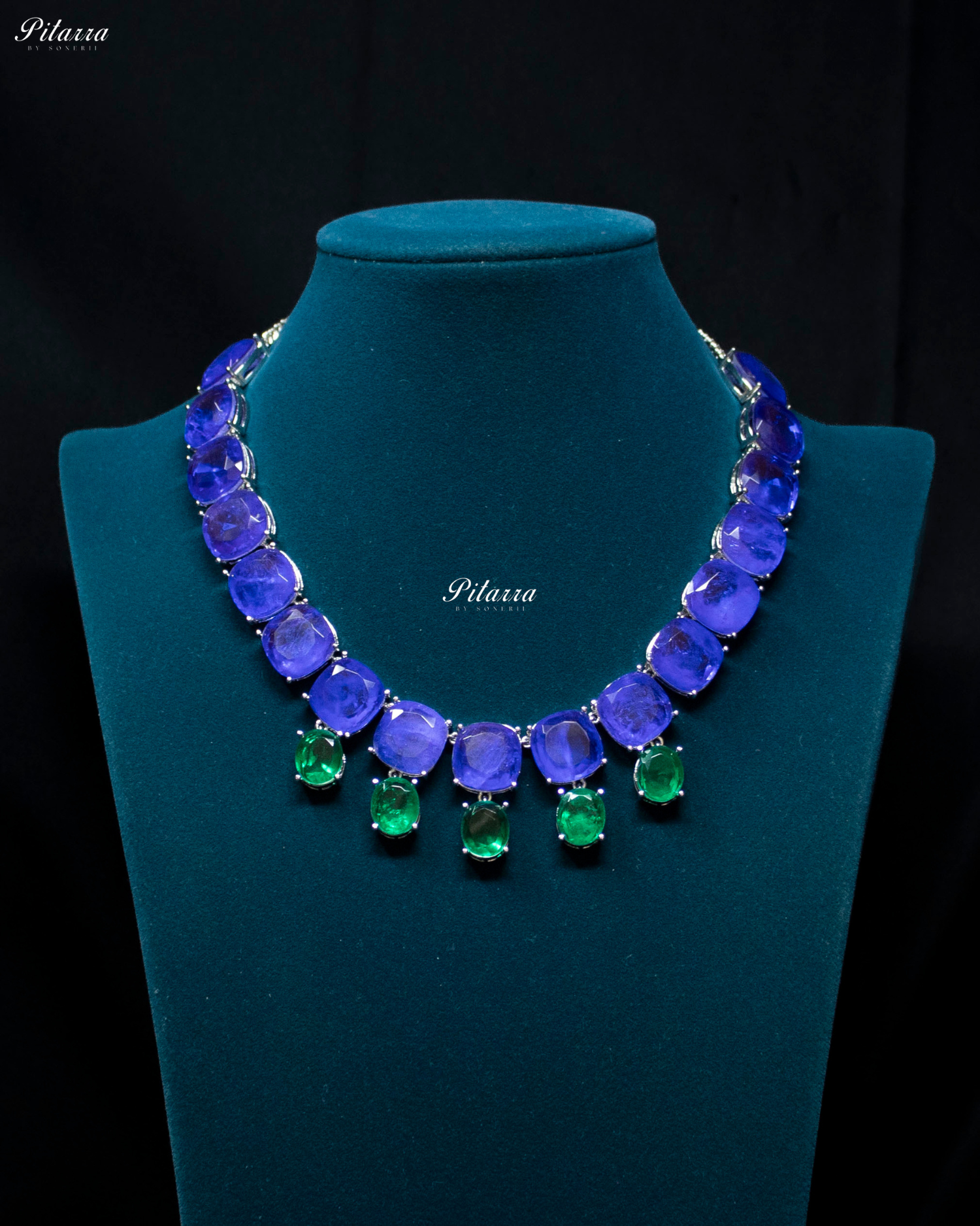 Blue Square Stone Premium Crystal Necklace Set