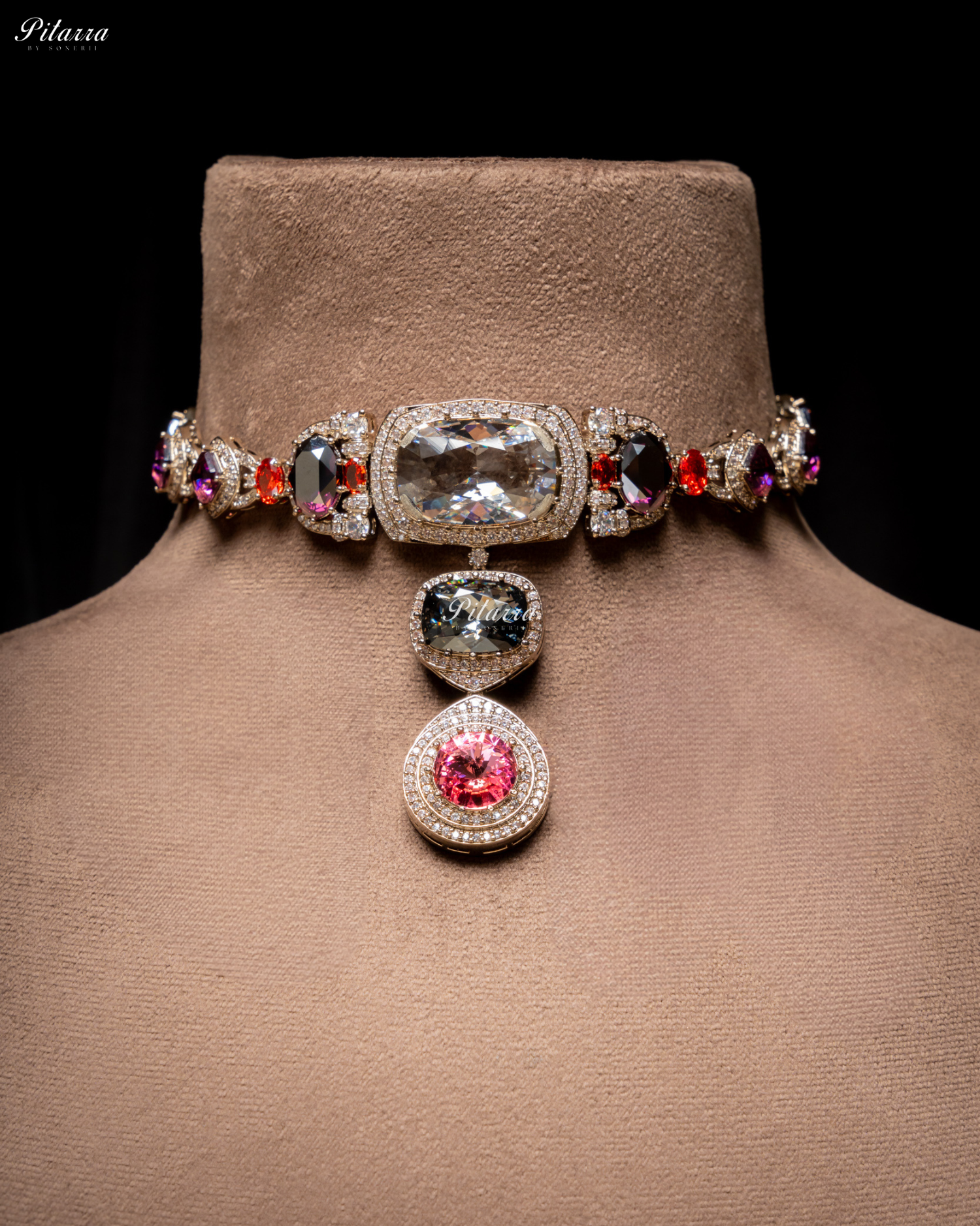 Multicolor Three Stone Crystal Choker Set