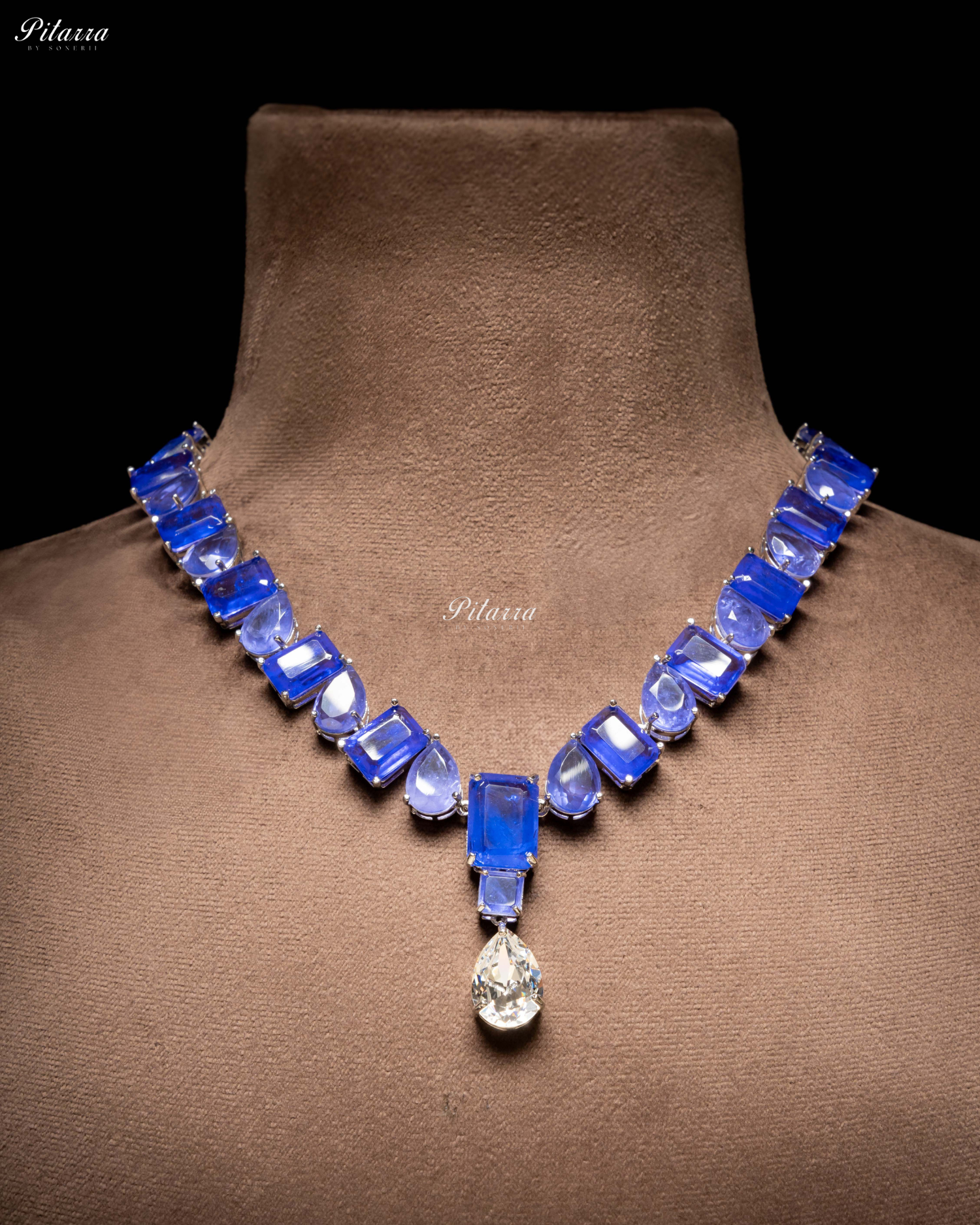 Blue Square and Drop Crystal Necklace Set