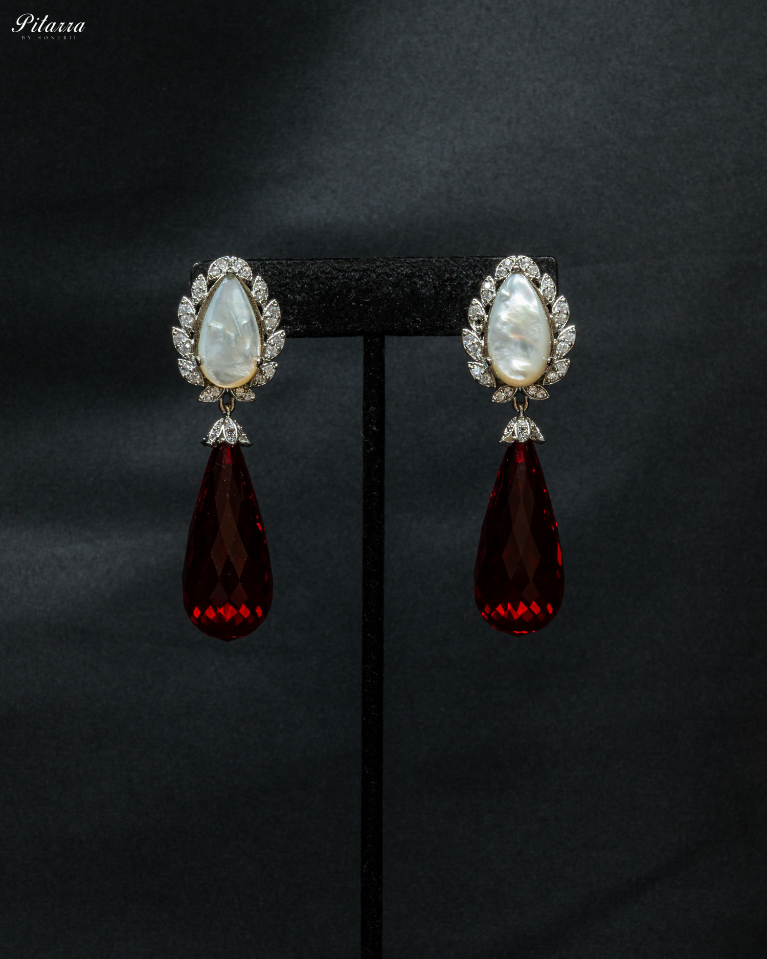 Silver Finish White and Red CZ Drop Earrings