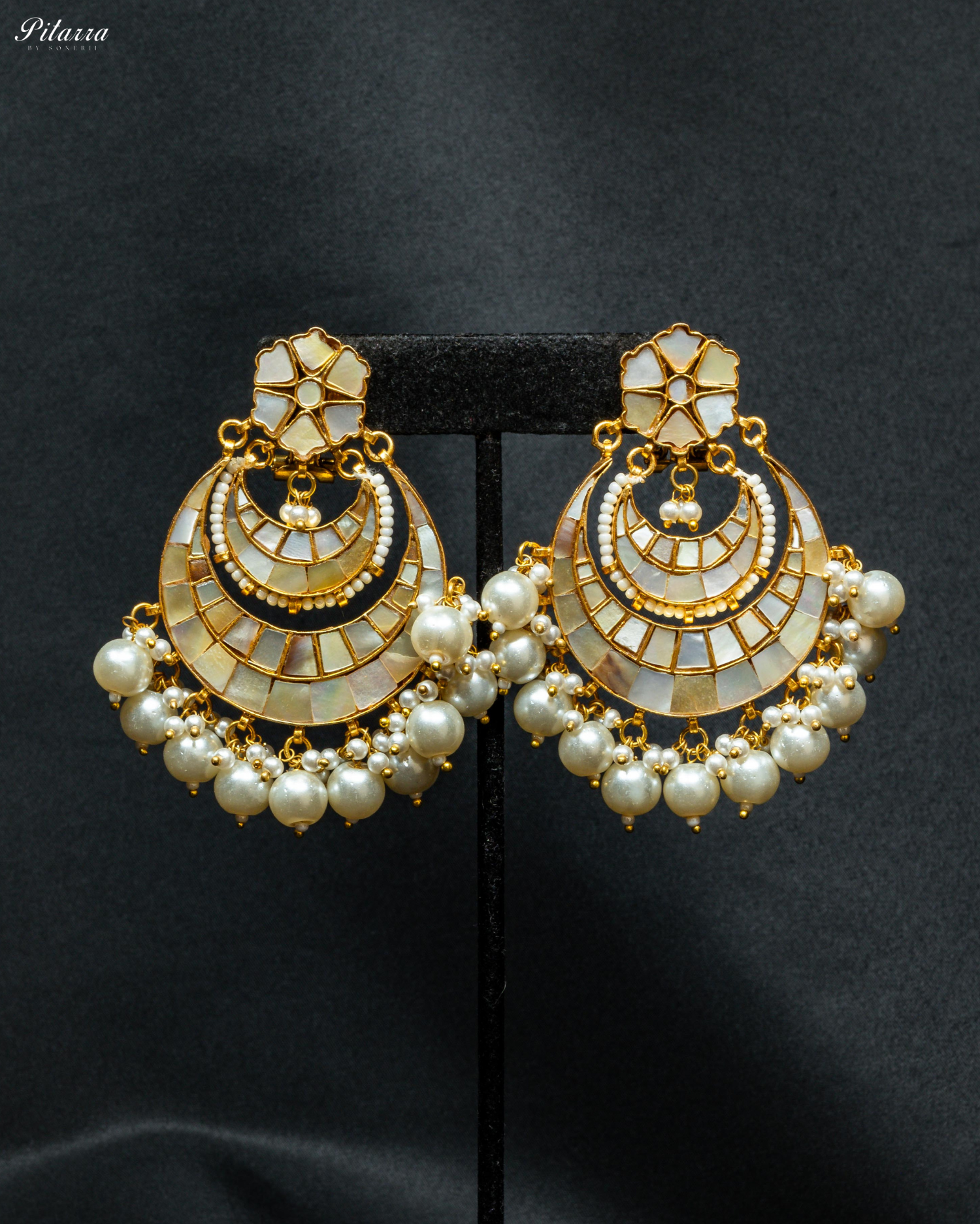 White Gold-Plated Crescent Shaped Kundan Chandbalis