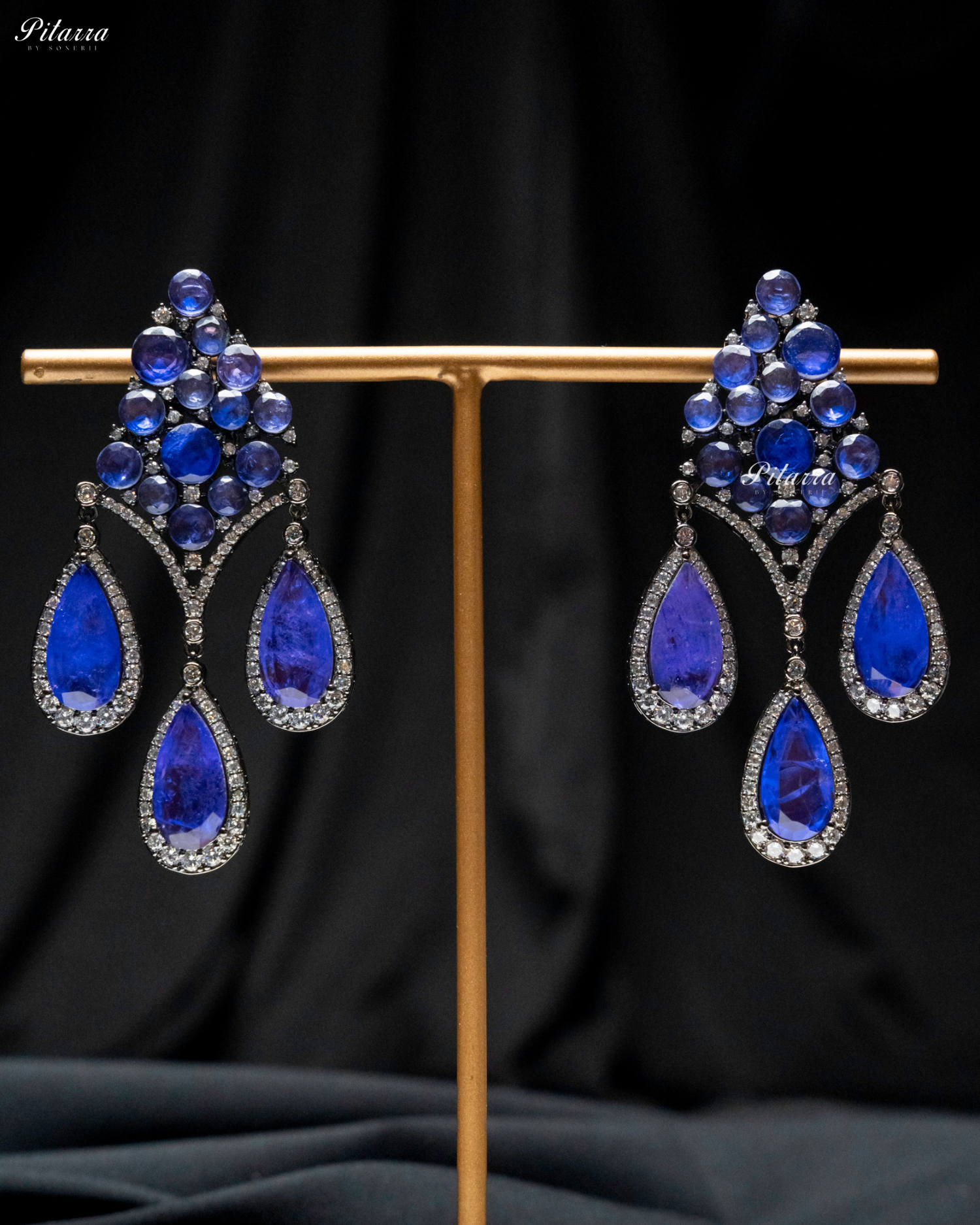 Blue Stone Three Teardrop CZ Crystal Dangler Earrings