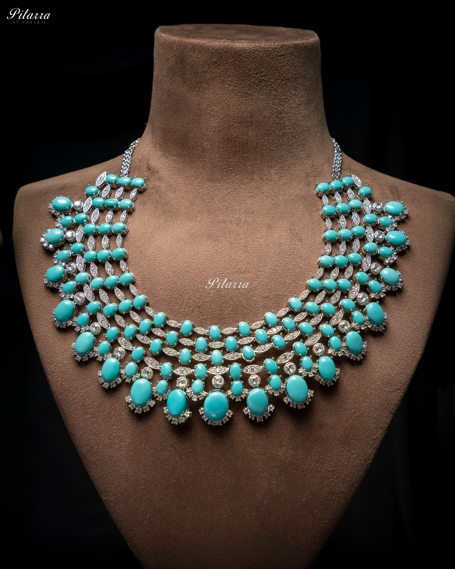 Turquiose Blue Stone Silver Multi Layer CZ Necklace Set