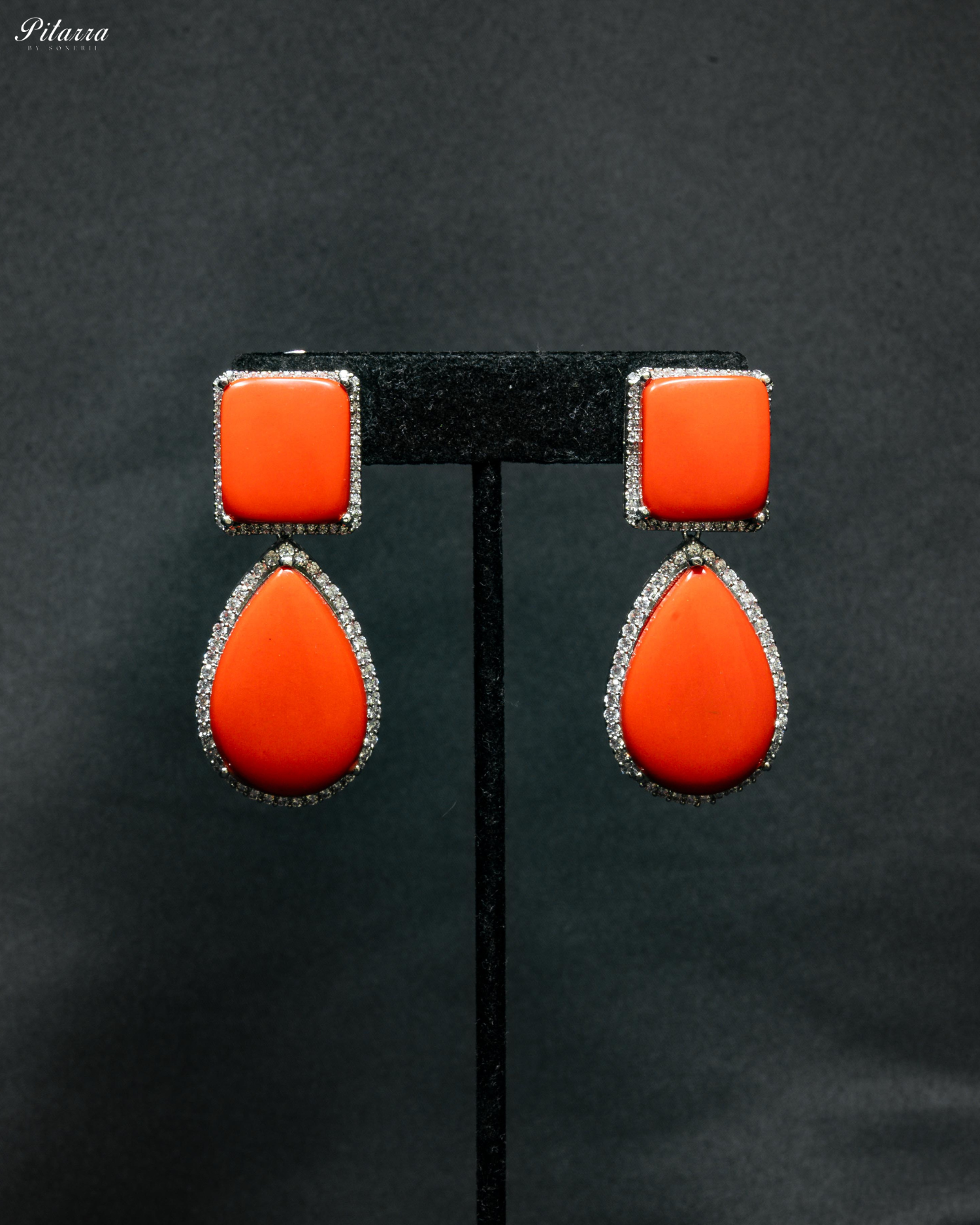 Orange Red Color Drop Square Silver Crytsal Dangle Earrings