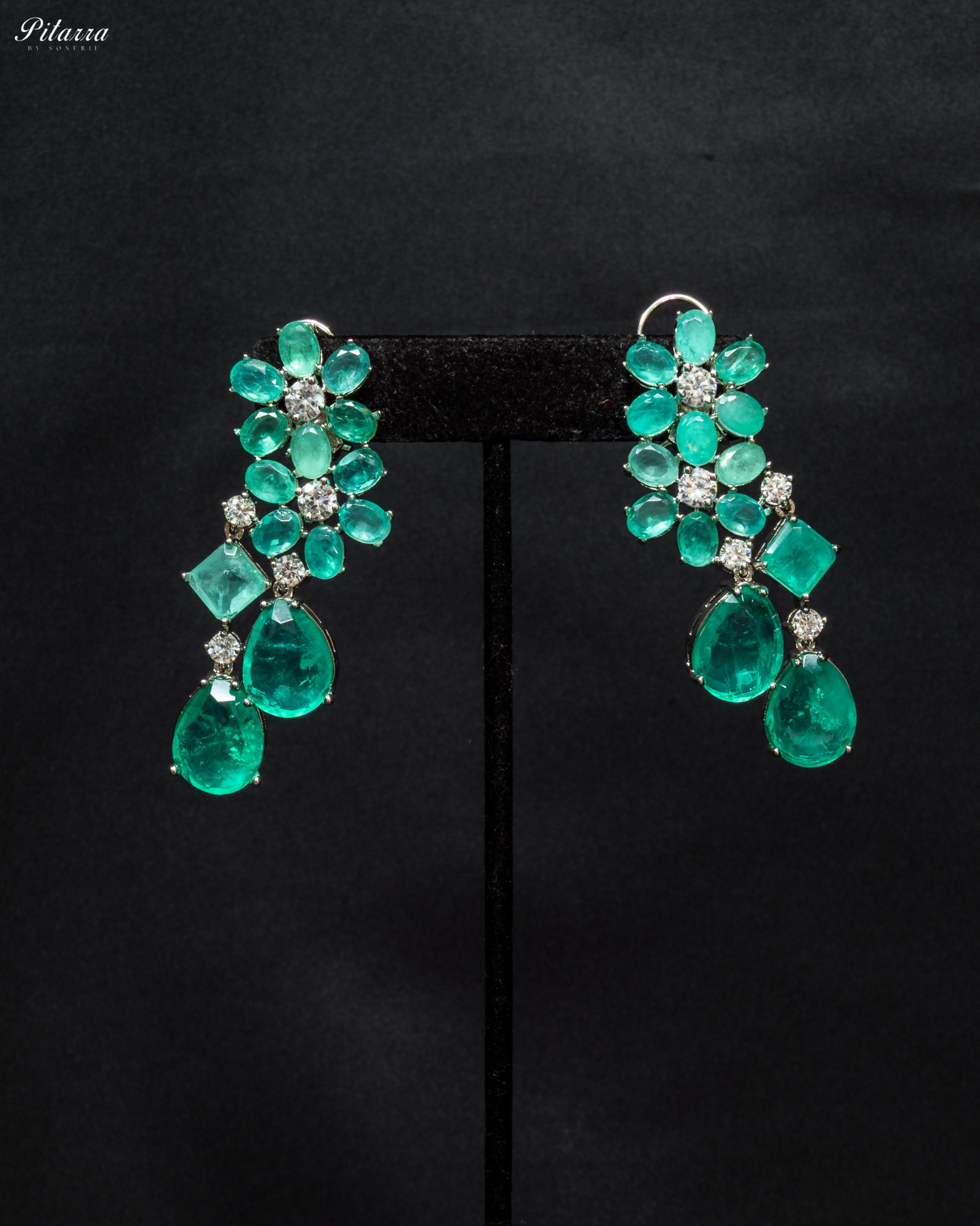 Silver Finish Green Crystal Dangler Earrings