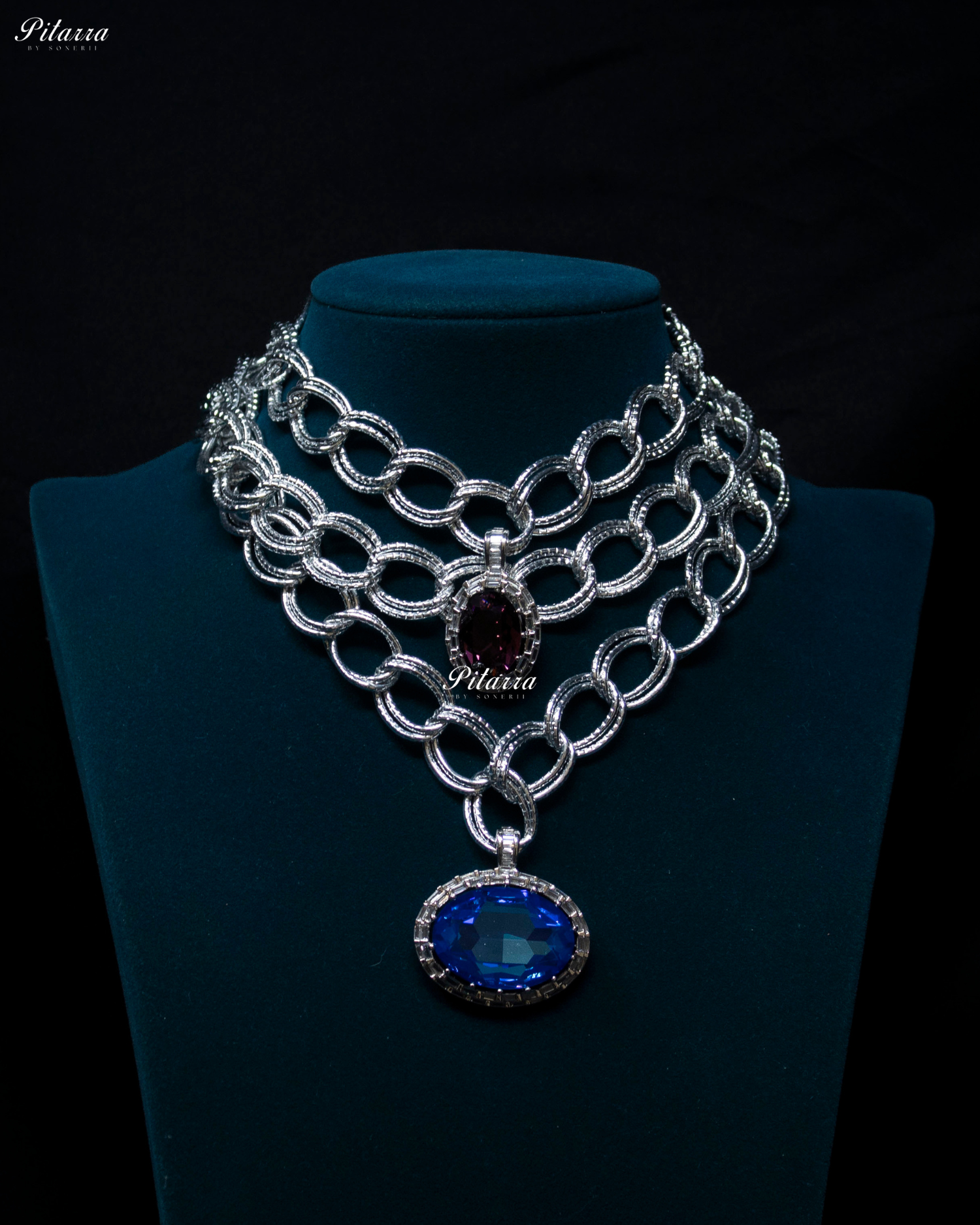 Blue Statement Pendant Silver Chain Crystal Choker Set