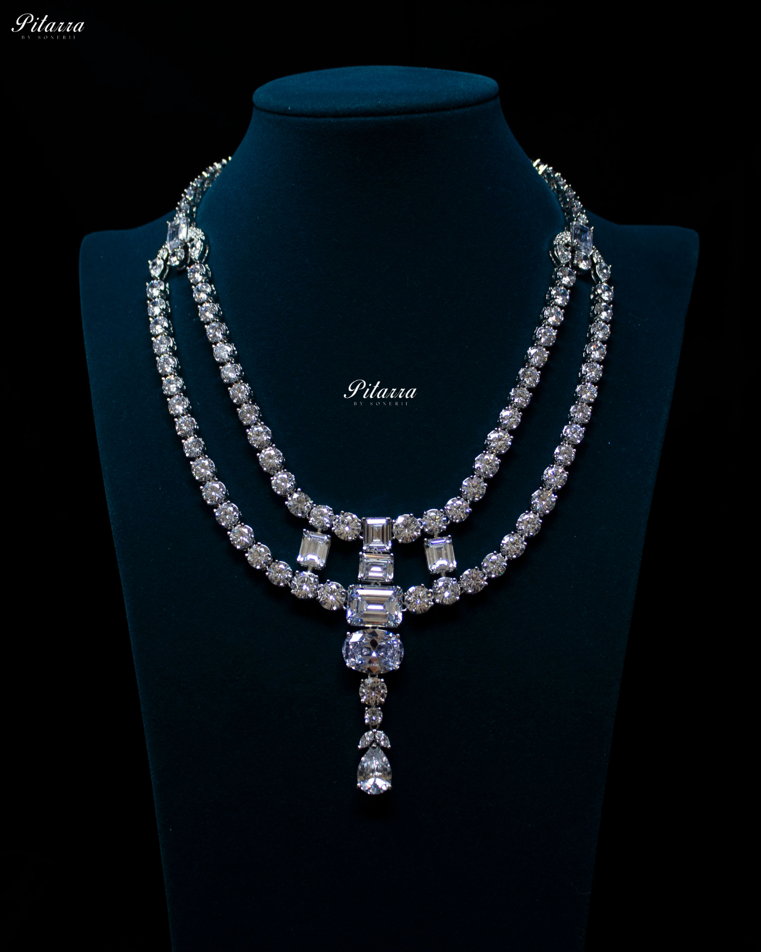 White Crystal Longe Maharani Statement Necklace Set