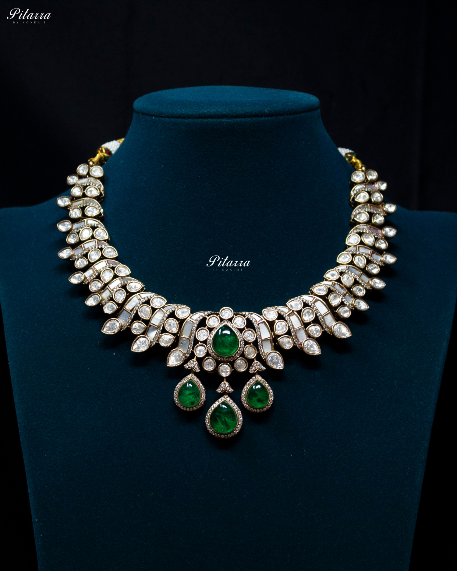 Emerald Drop White Line Victorian Polki Kundan Necklace Set