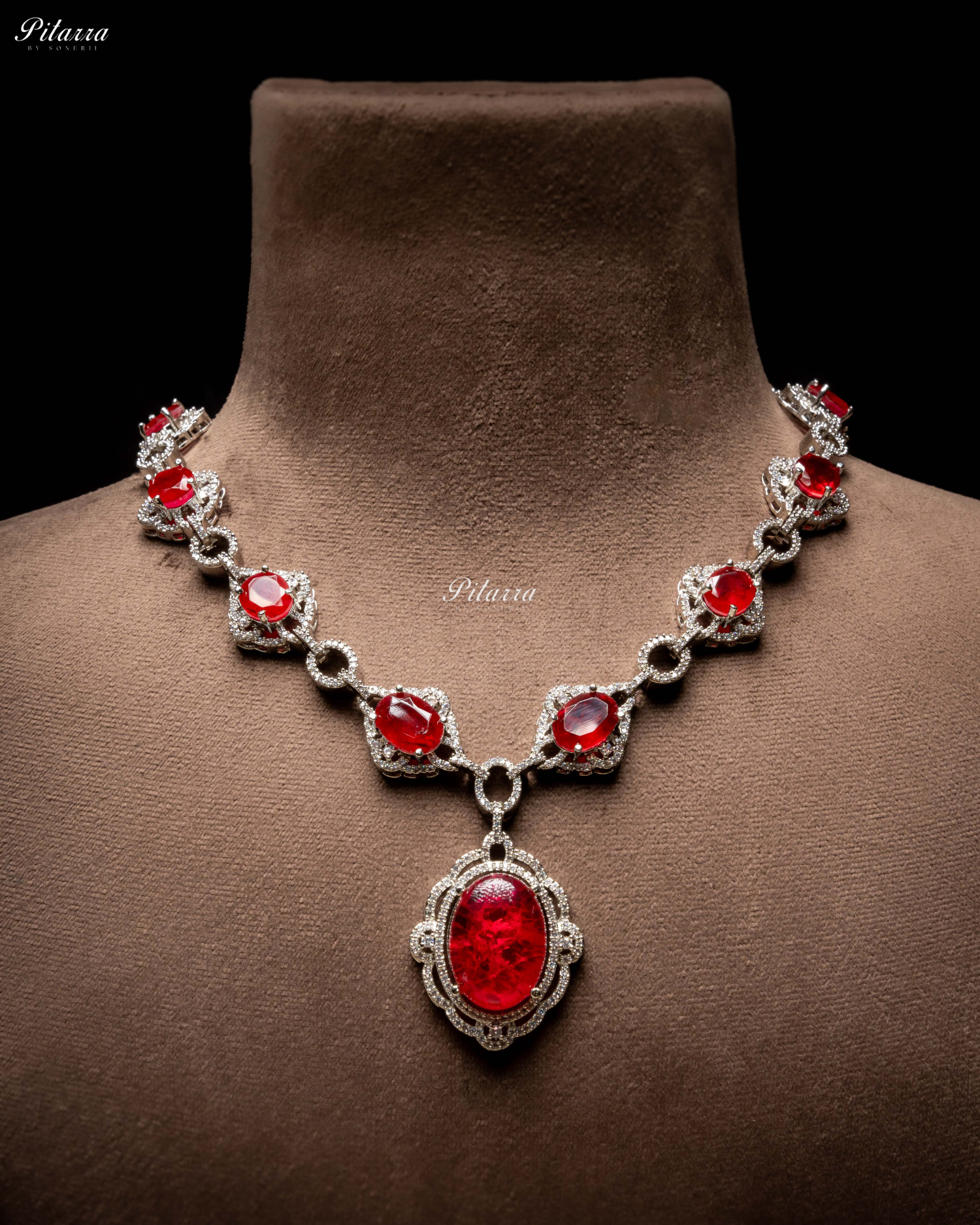 Red Stone Silver Finish Tone Crystal Necklace Set