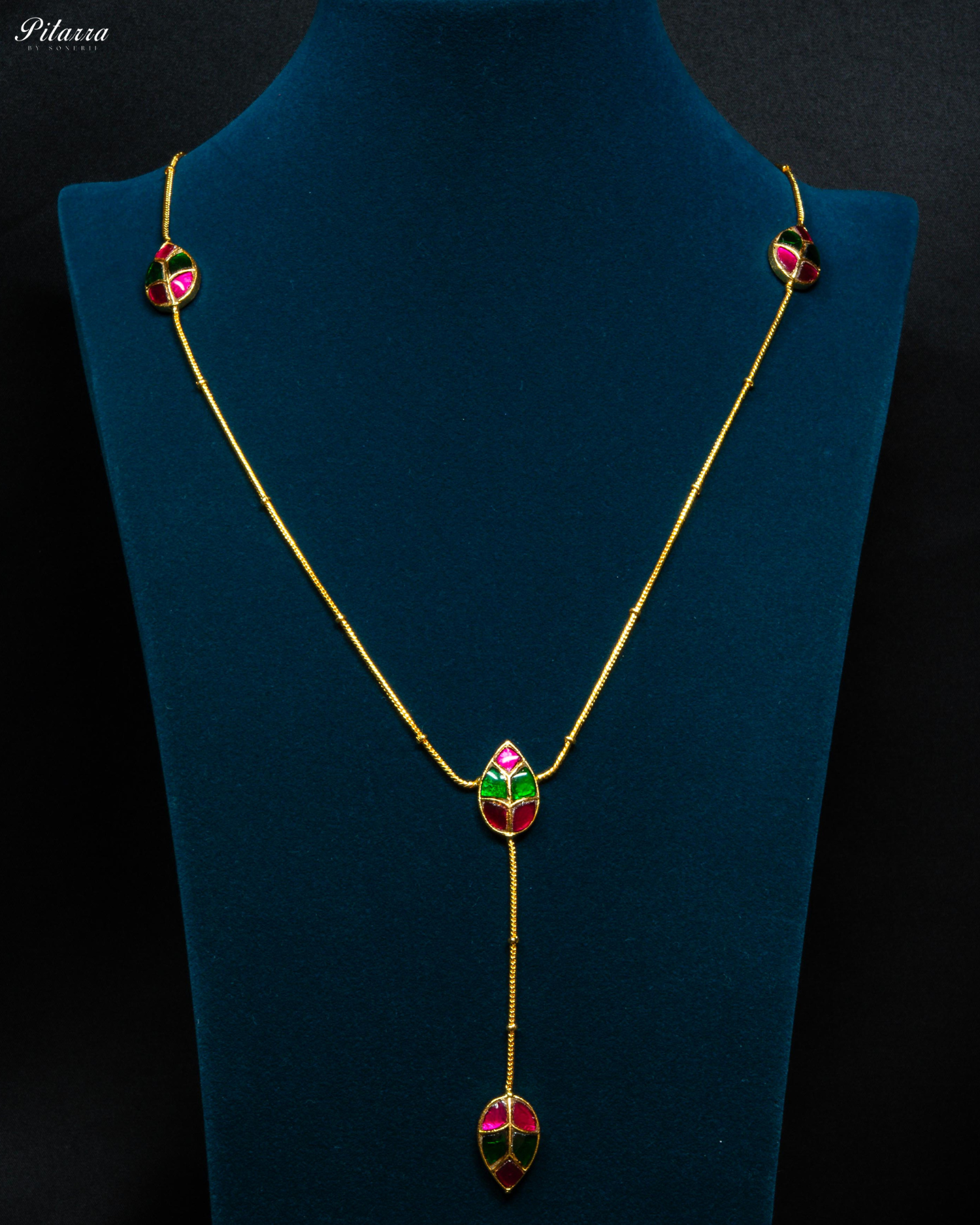 Gold Tone Pink Green Leaf Kundan Necklace Set