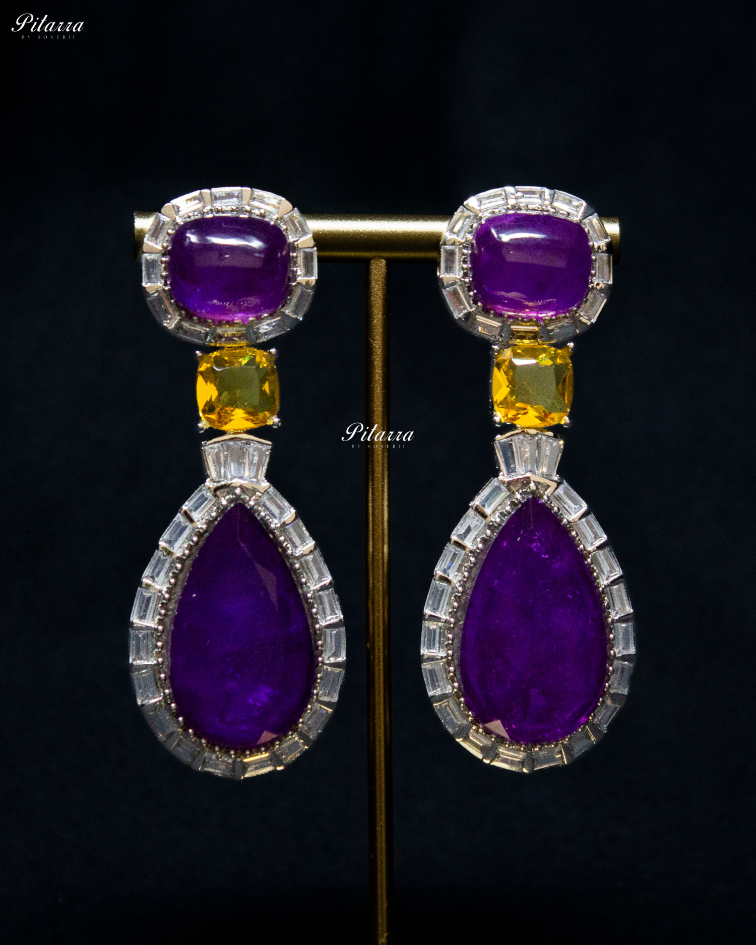 Silver Finish Purple Drop Zircon Earrings