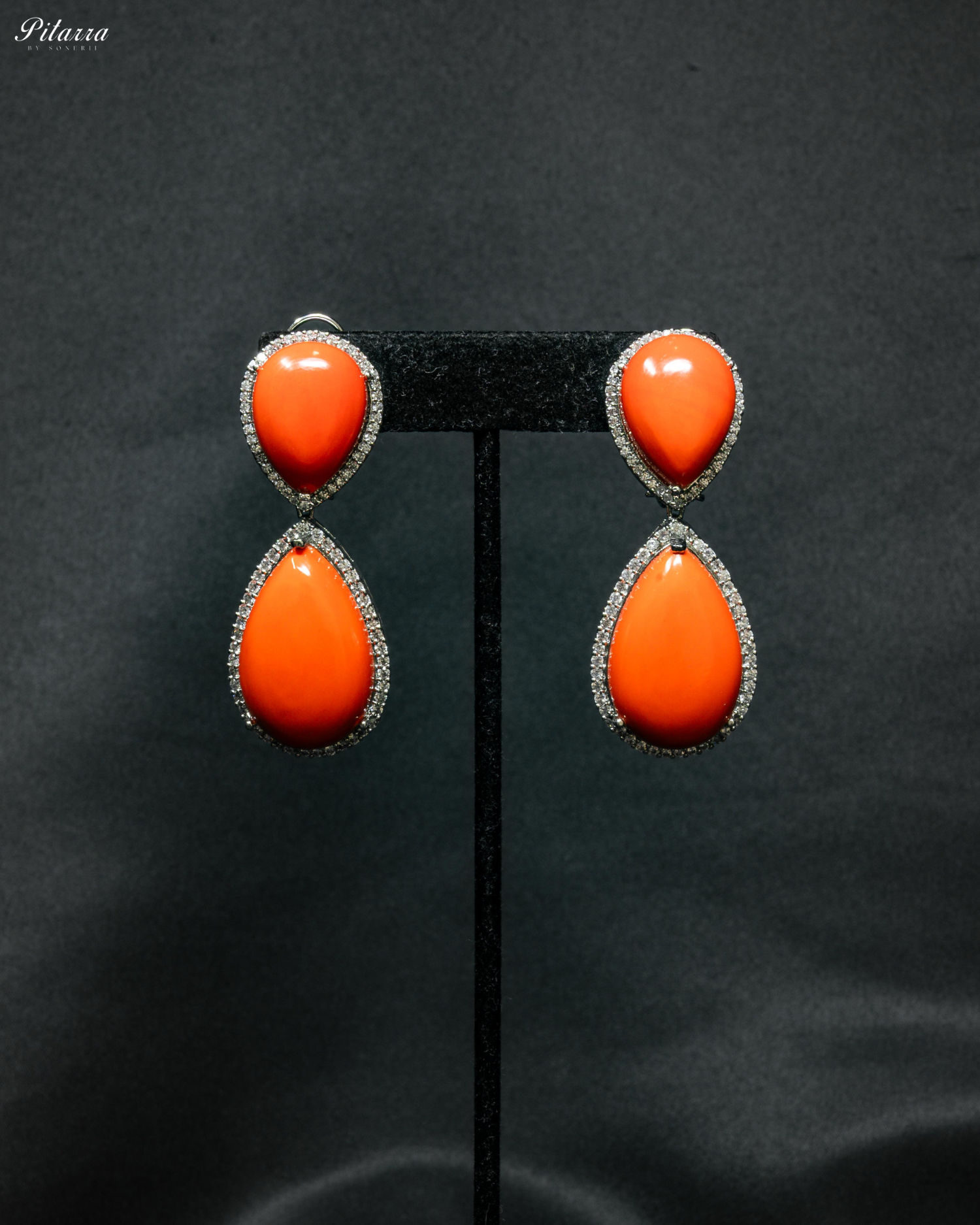 Orange Red Color Drop Stone Silver Crytsal Dangle Earrings