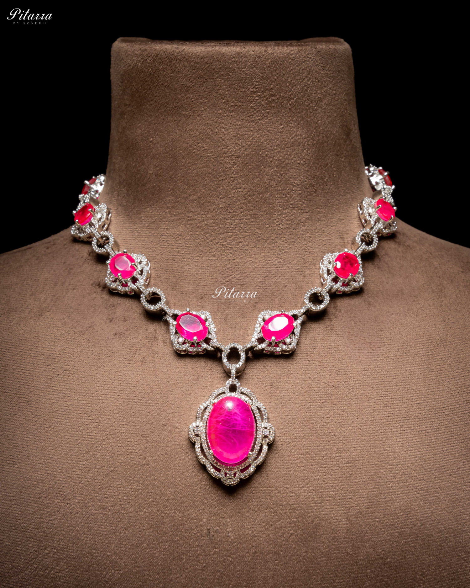 Pink Stone Silver Finish Tone Crystal Necklace Set