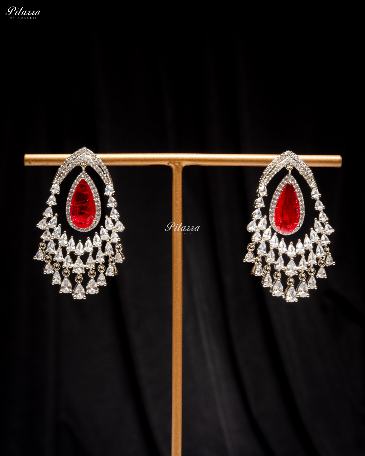 Red Stone Silver CZ Dangle Earrings