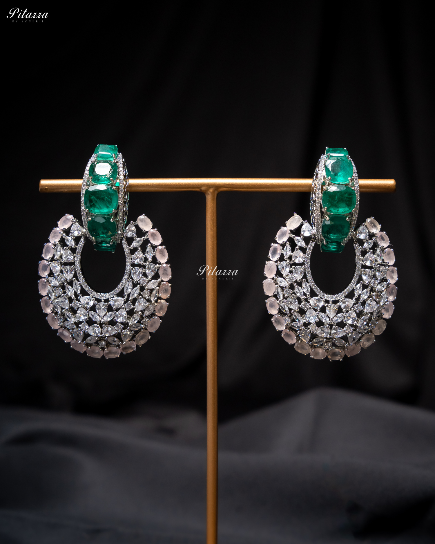 Emerald Stone White Layer Cubic Zirconia Dangler Earrings
