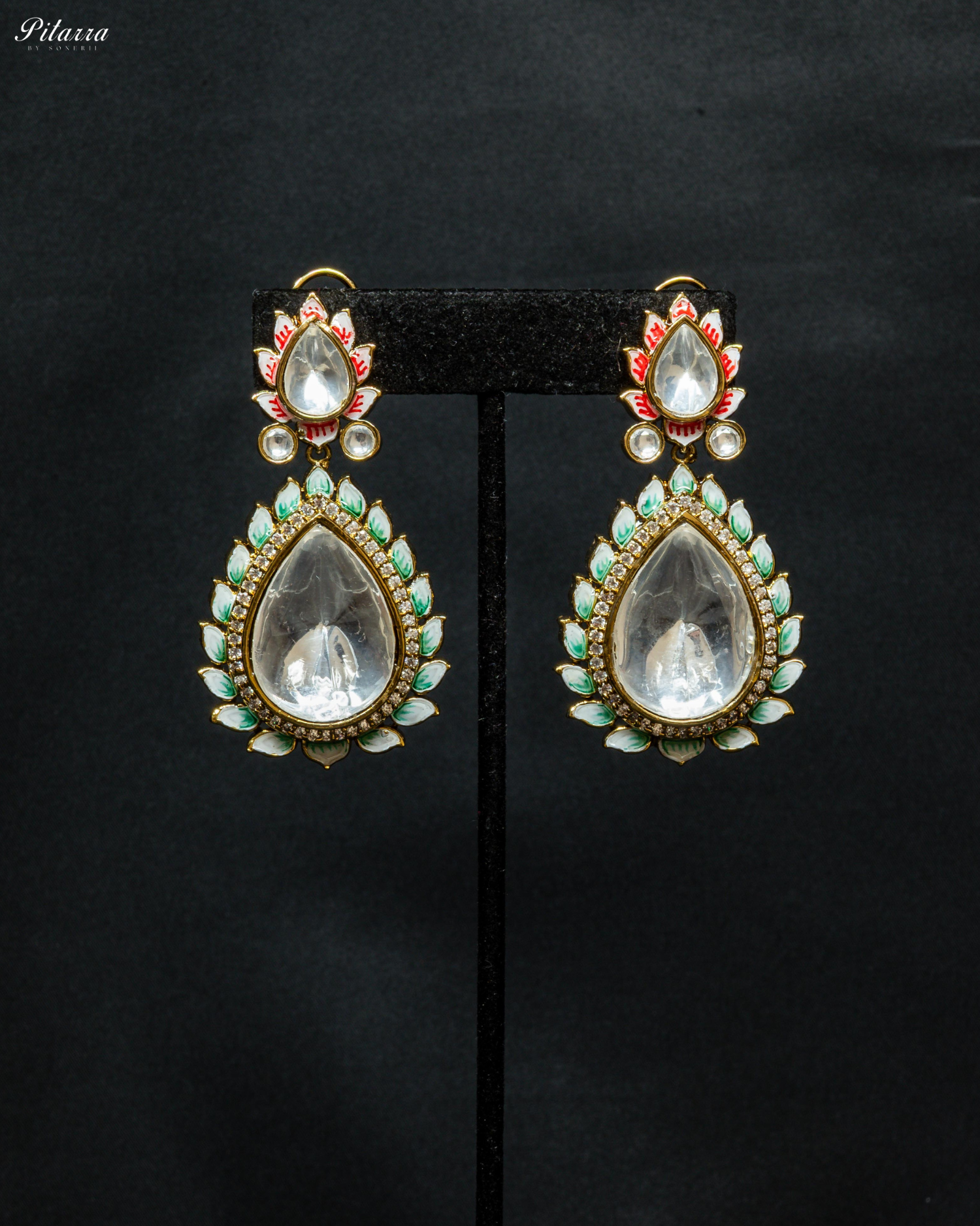 Pitarra Green Polki Kundan Dangle Earrings