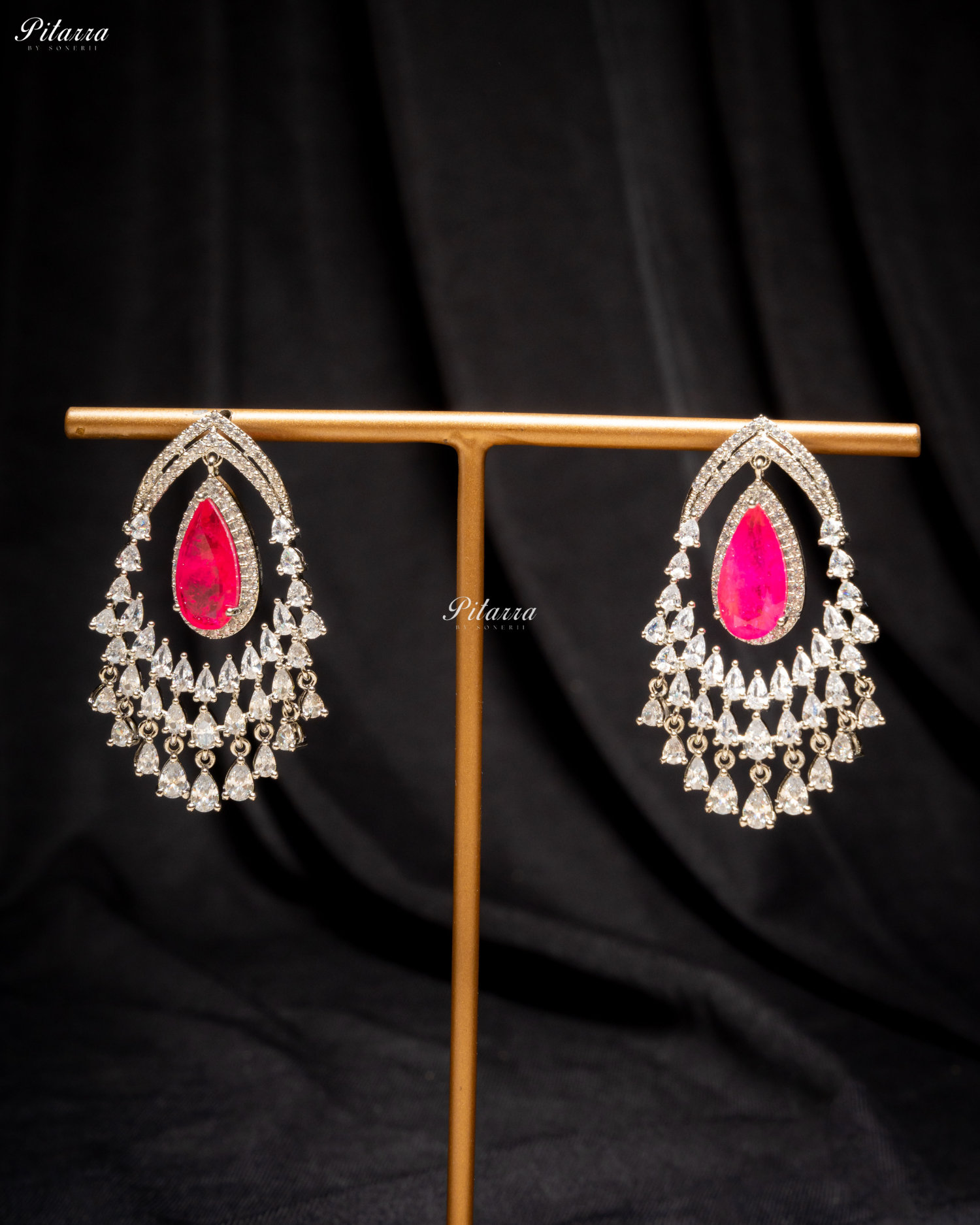 Pink Stone Silver CZ Dangle Earrings
